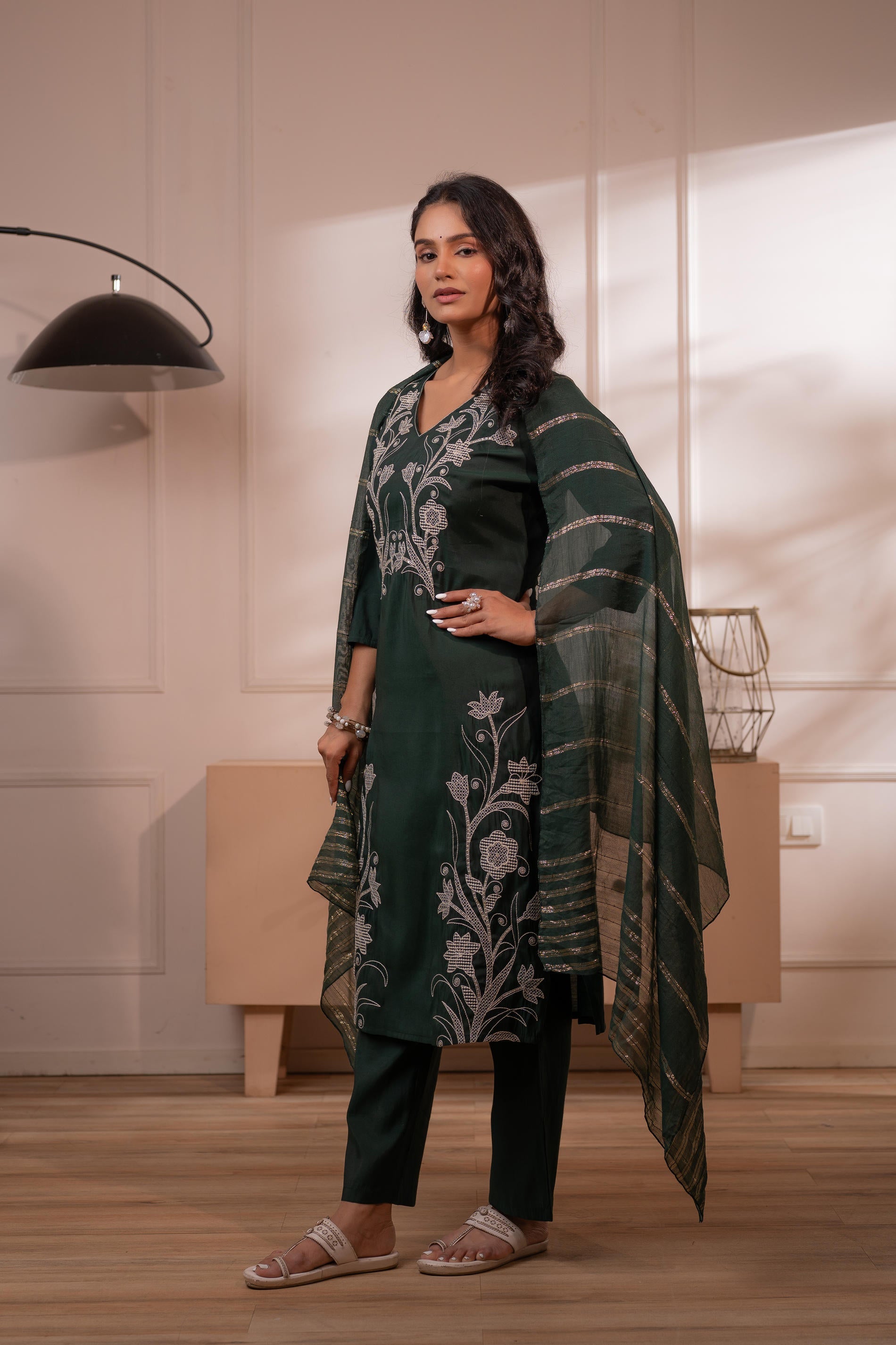 Mehandi Green Solid Embroidered Straight Kurta Pant and Dupatta Set with Thread Work