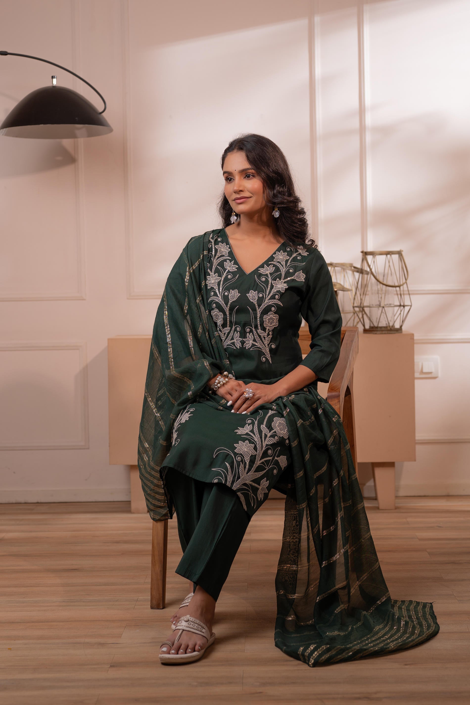 Mehandi Green Solid Embroidered Straight Kurta Pant and Dupatta Set with Thread Work