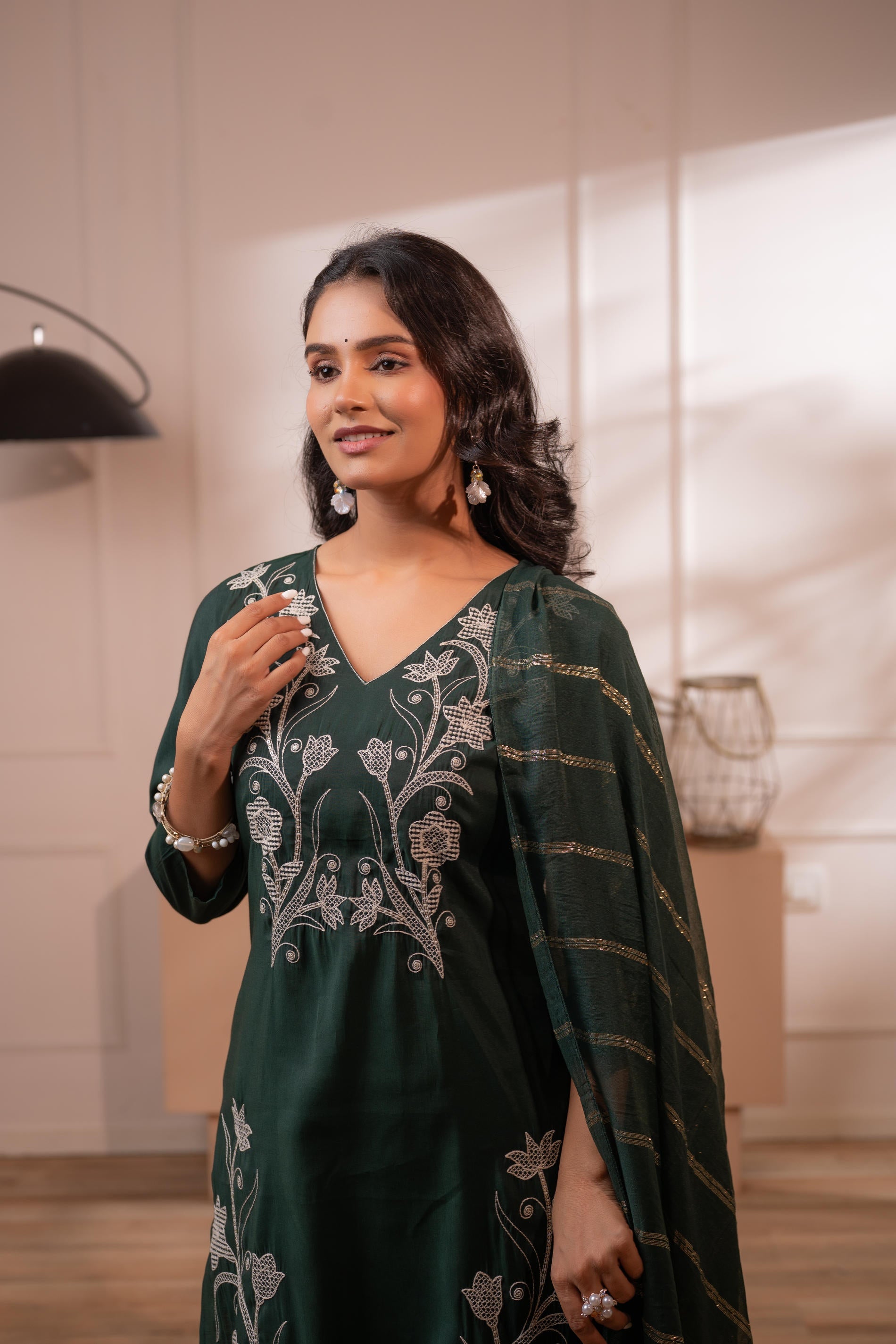 Mehandi Green Solid Embroidered Straight Kurta Pant and Dupatta Set with Thread Work