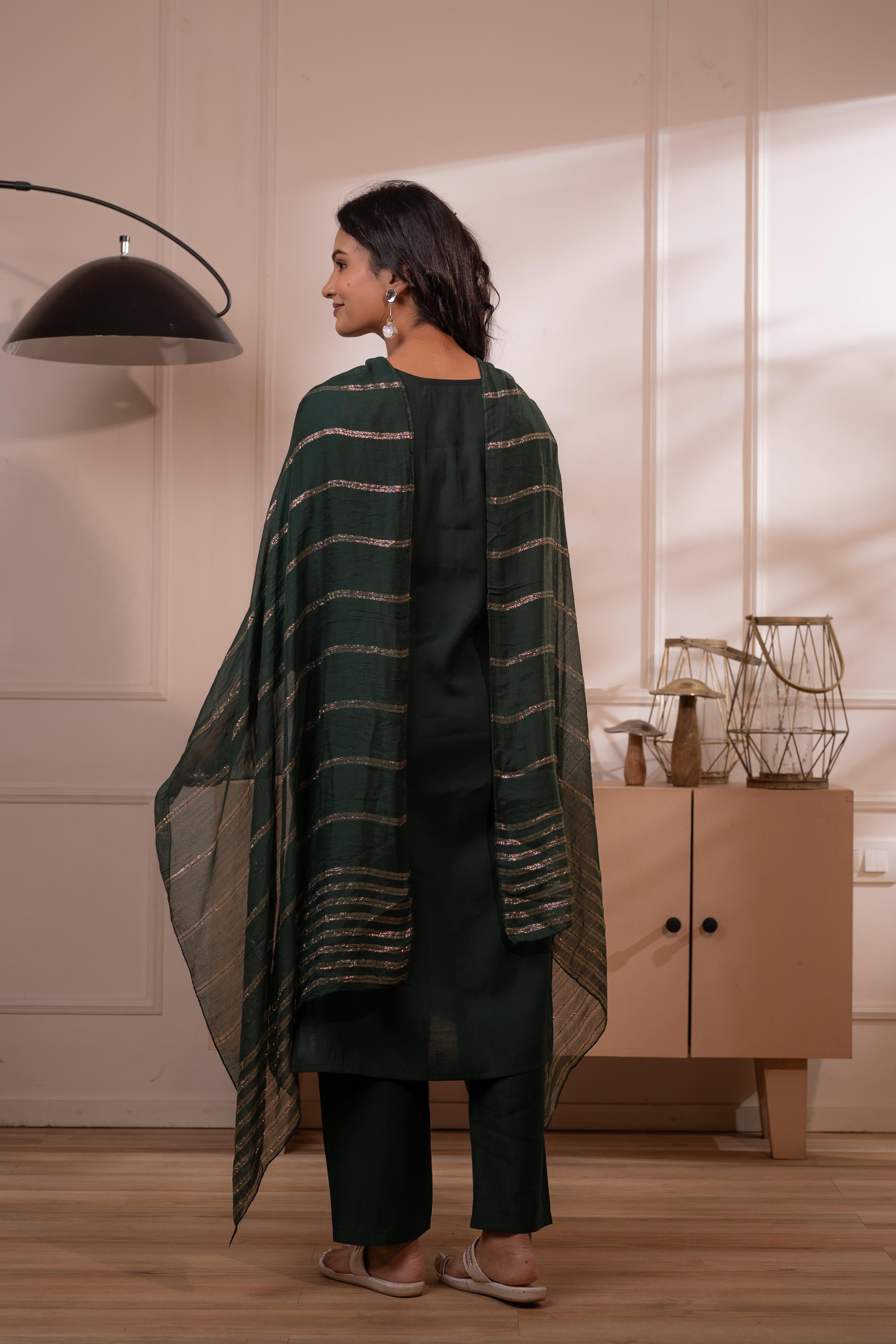 Mehandi Green Solid Embroidered Straight Kurta Pant and Dupatta Set with Thread Work