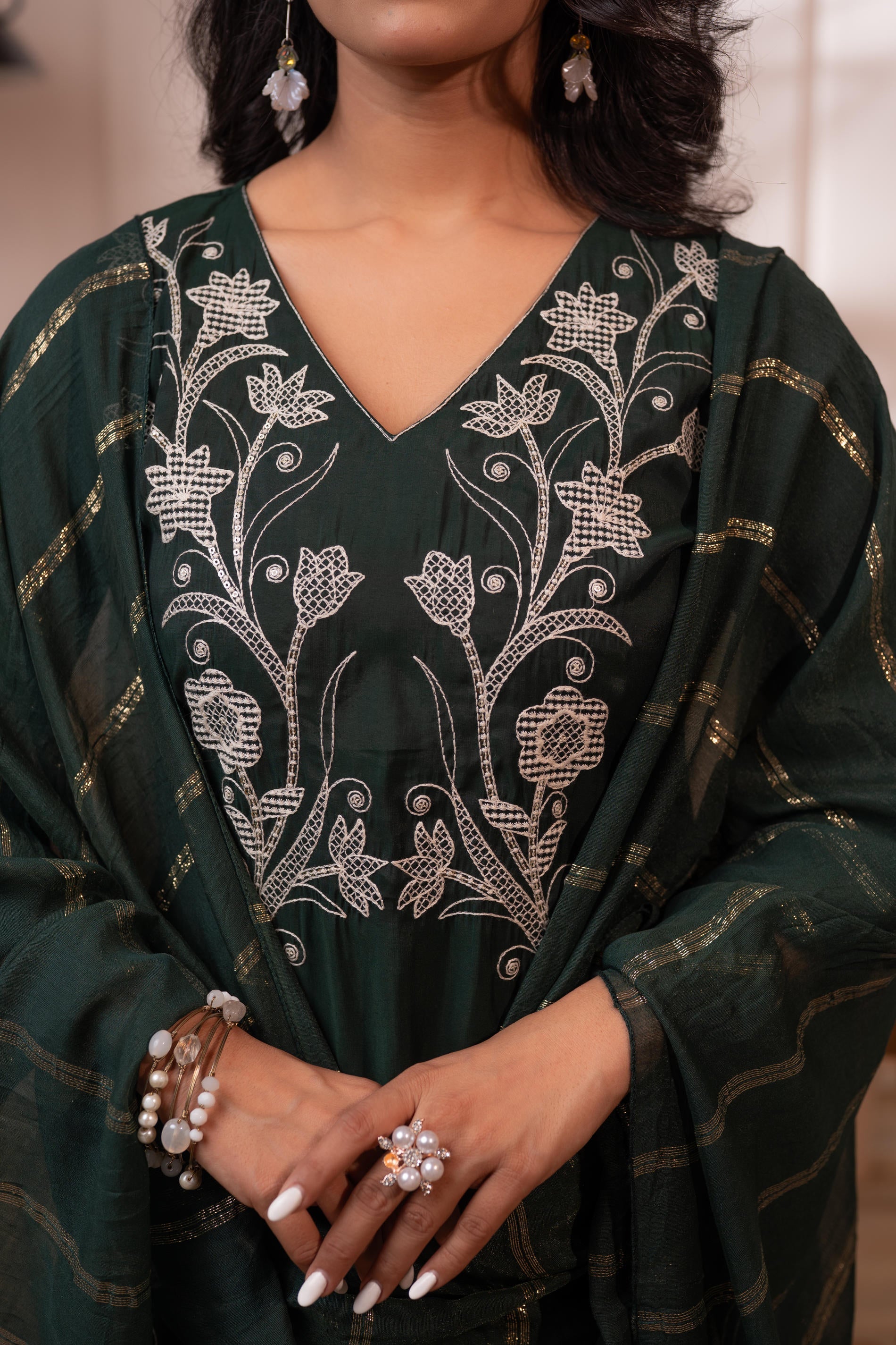 Mehandi Green Solid Embroidered Straight Kurta Pant and Dupatta Set with Thread Work