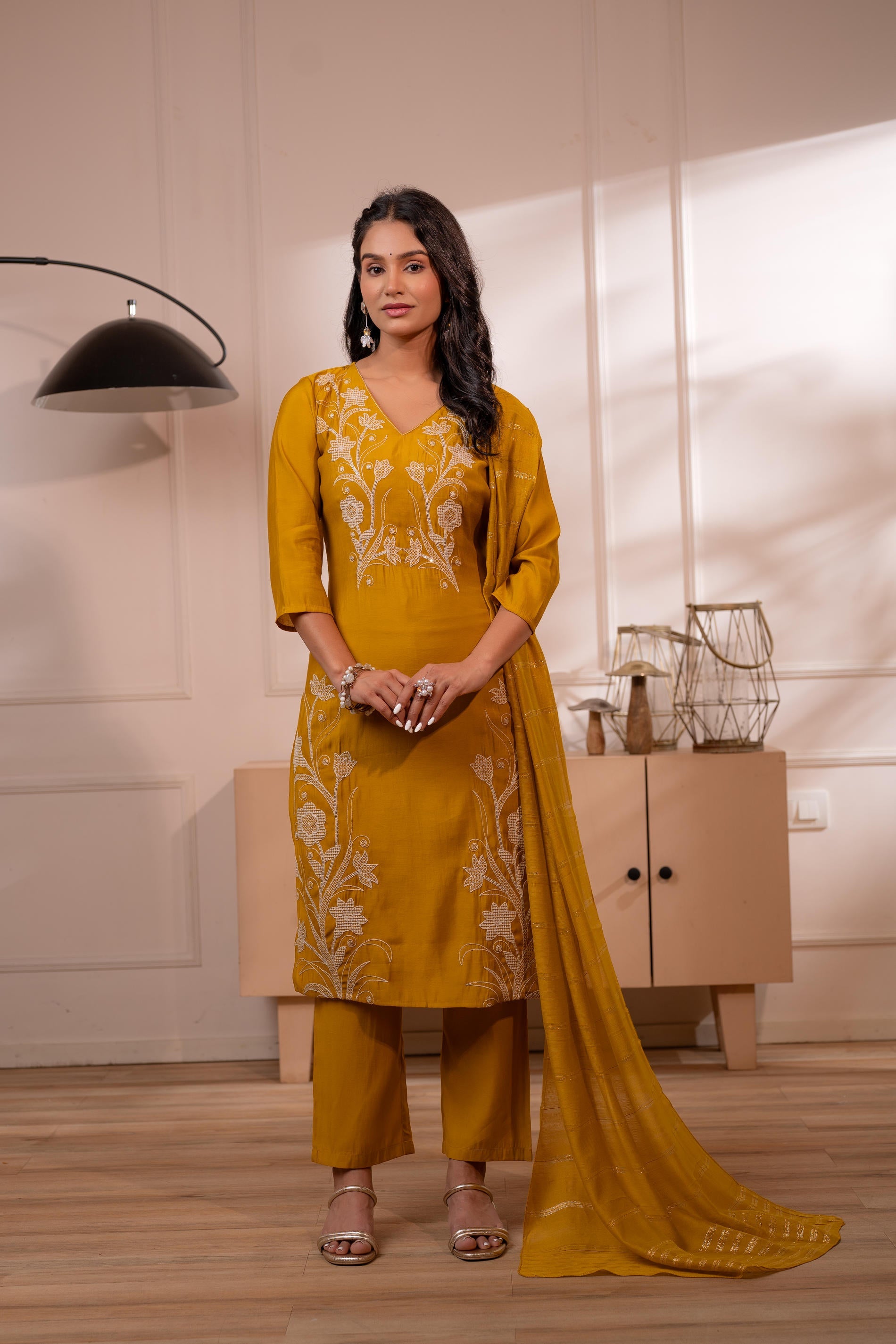 Mustard Solid Embroidered Straight Kurta Pant and Dupatta Set with Thread Work