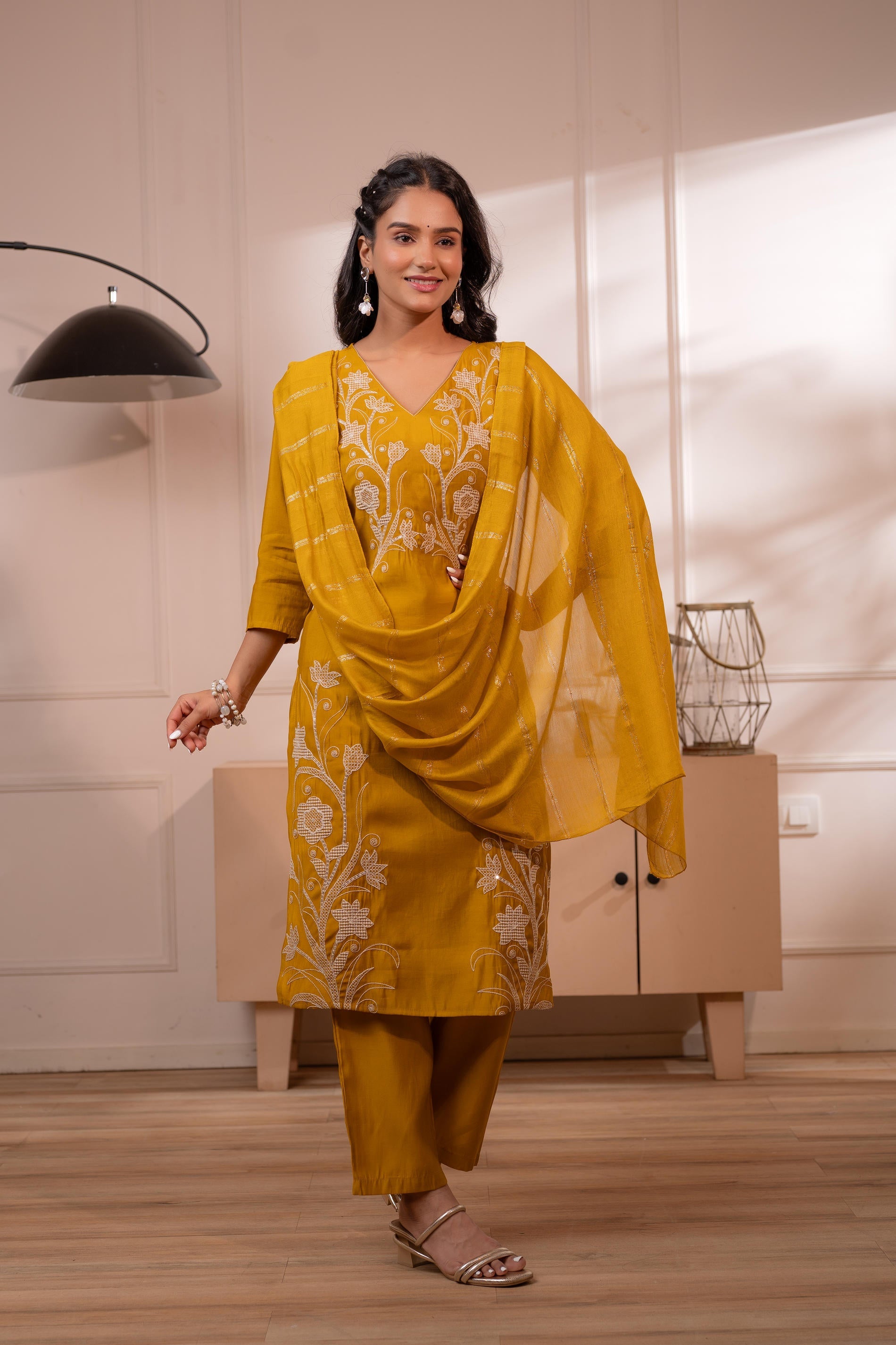 Mustard Solid Embroidered Straight Kurta Pant and Dupatta Set with Thread Work