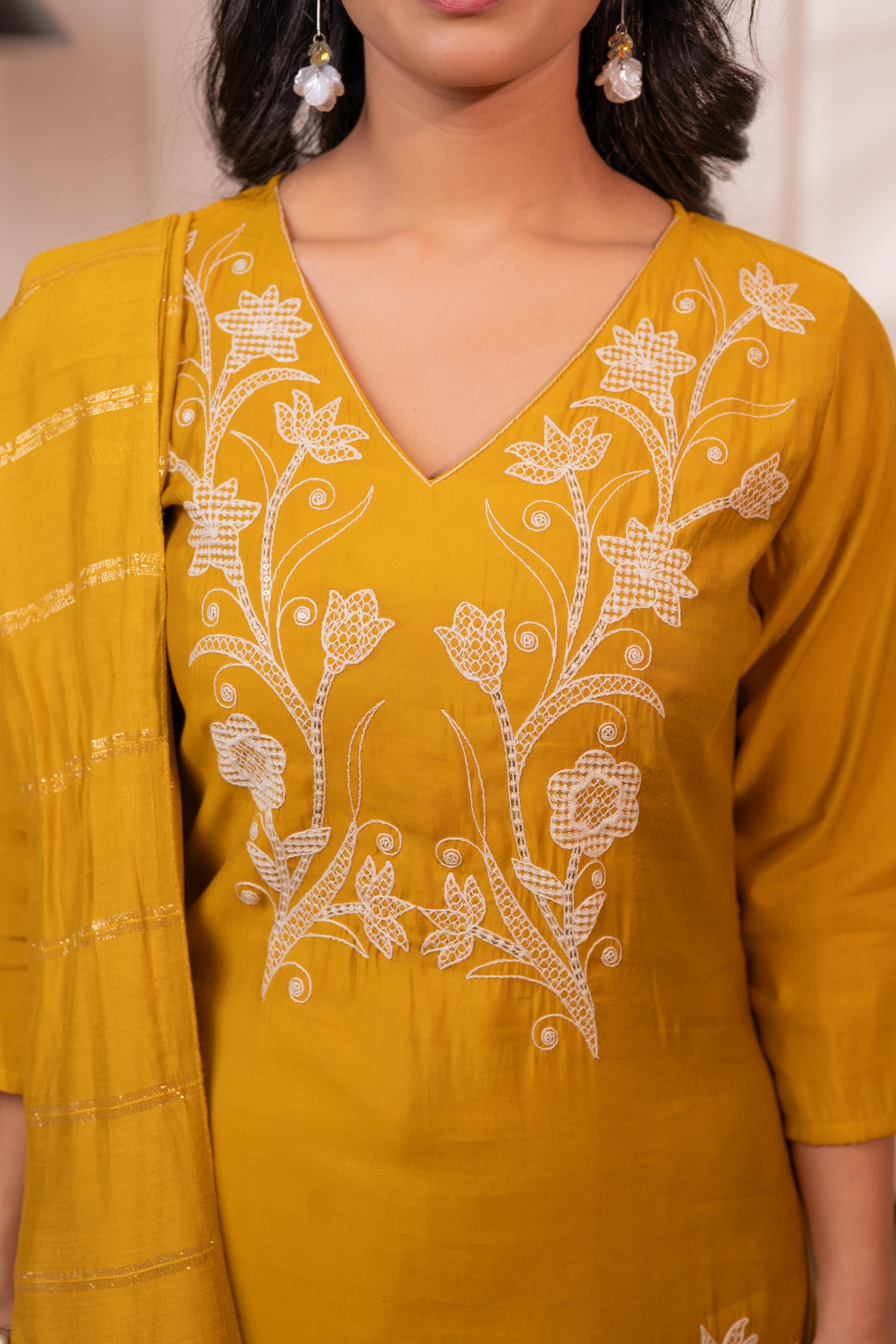Mustard Solid Embroidered Straight Kurta Pant and Dupatta Set with Thread Work