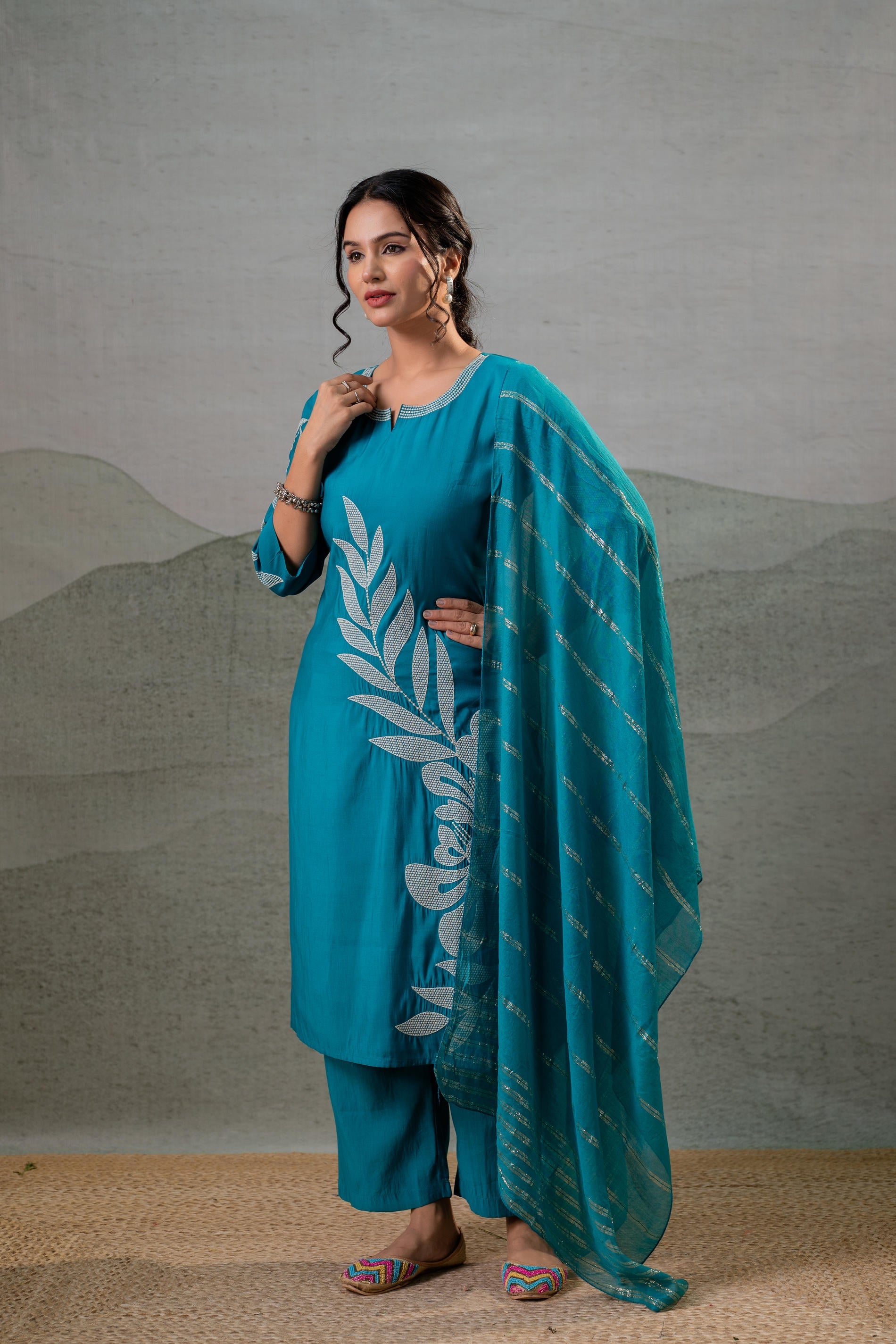 Rama, Leaf-Print Straight Kurta Set with Pant & Zari-Lined Dupatta