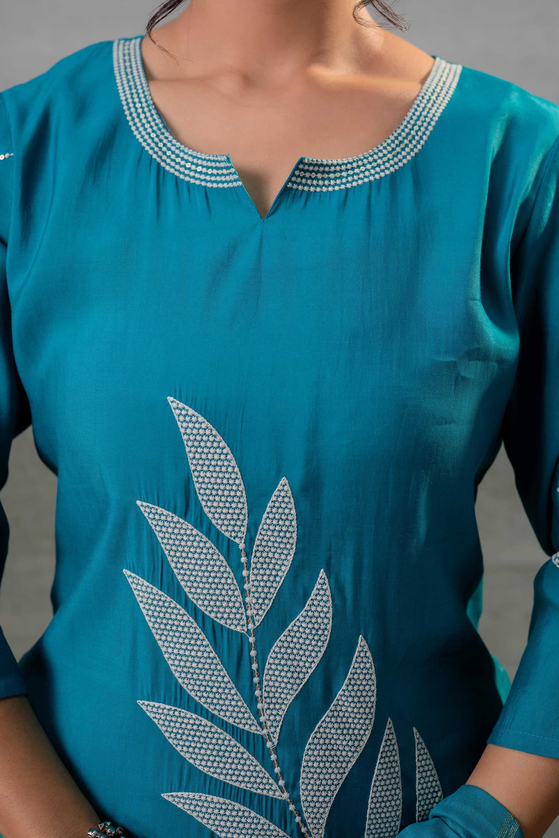 Rama, Leaf-Print Straight Kurta Set with Pant & Zari-Lined Dupatta