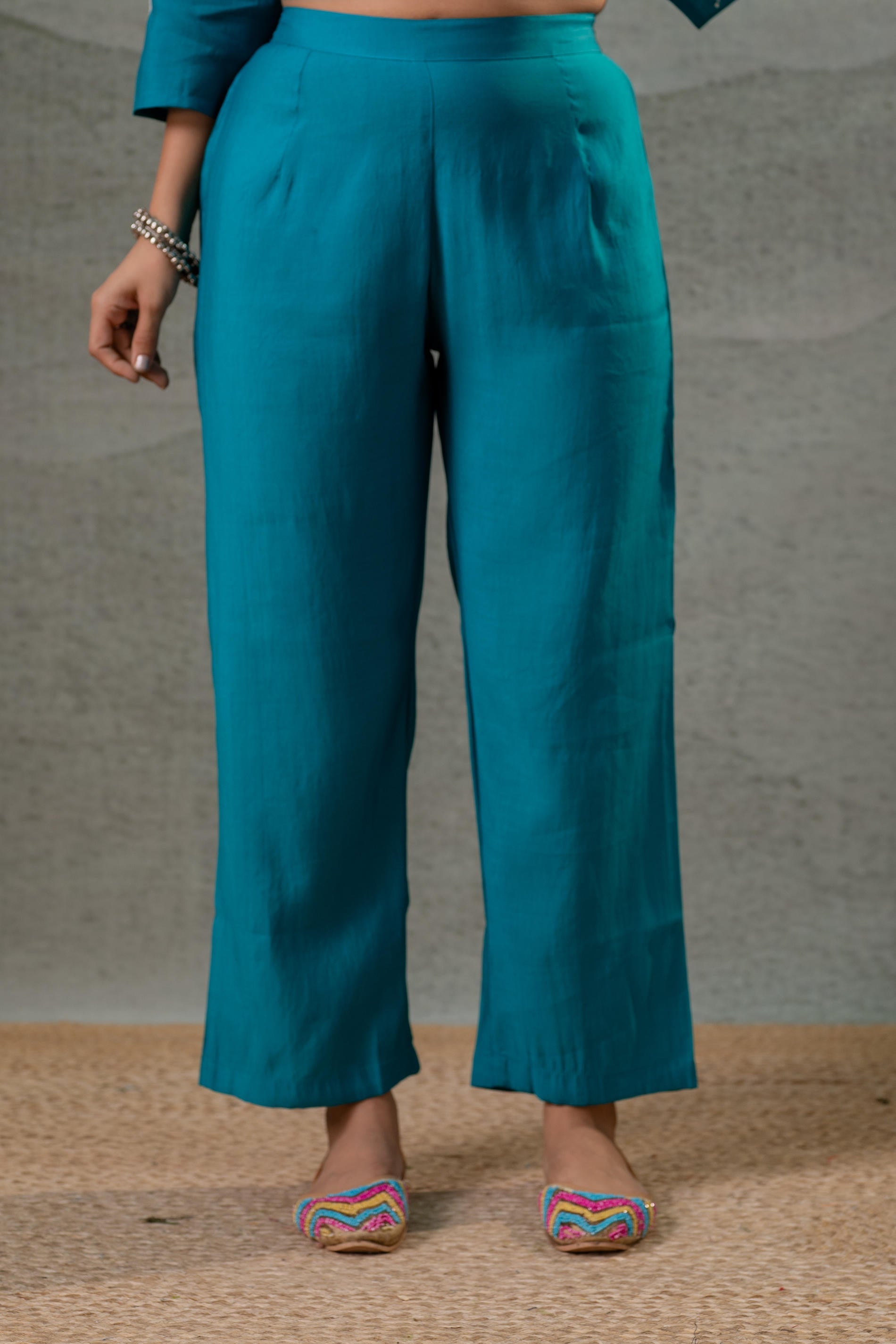 Rama, Leaf-Print Straight Kurta Set with Pant & Zari-Lined Dupatta