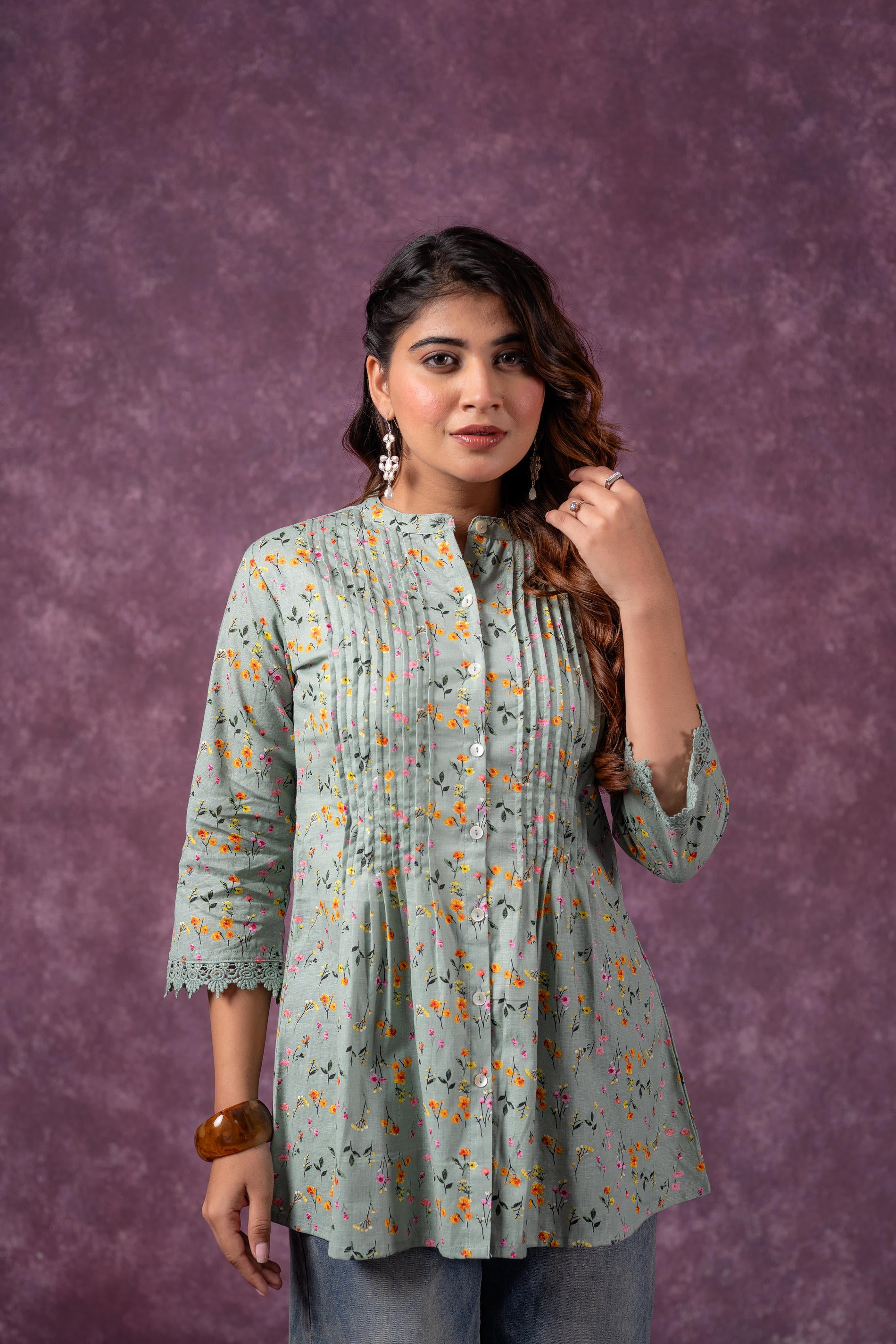 Sage Green Blossom Printed Short Peplum Kurti with Lace Sleeves