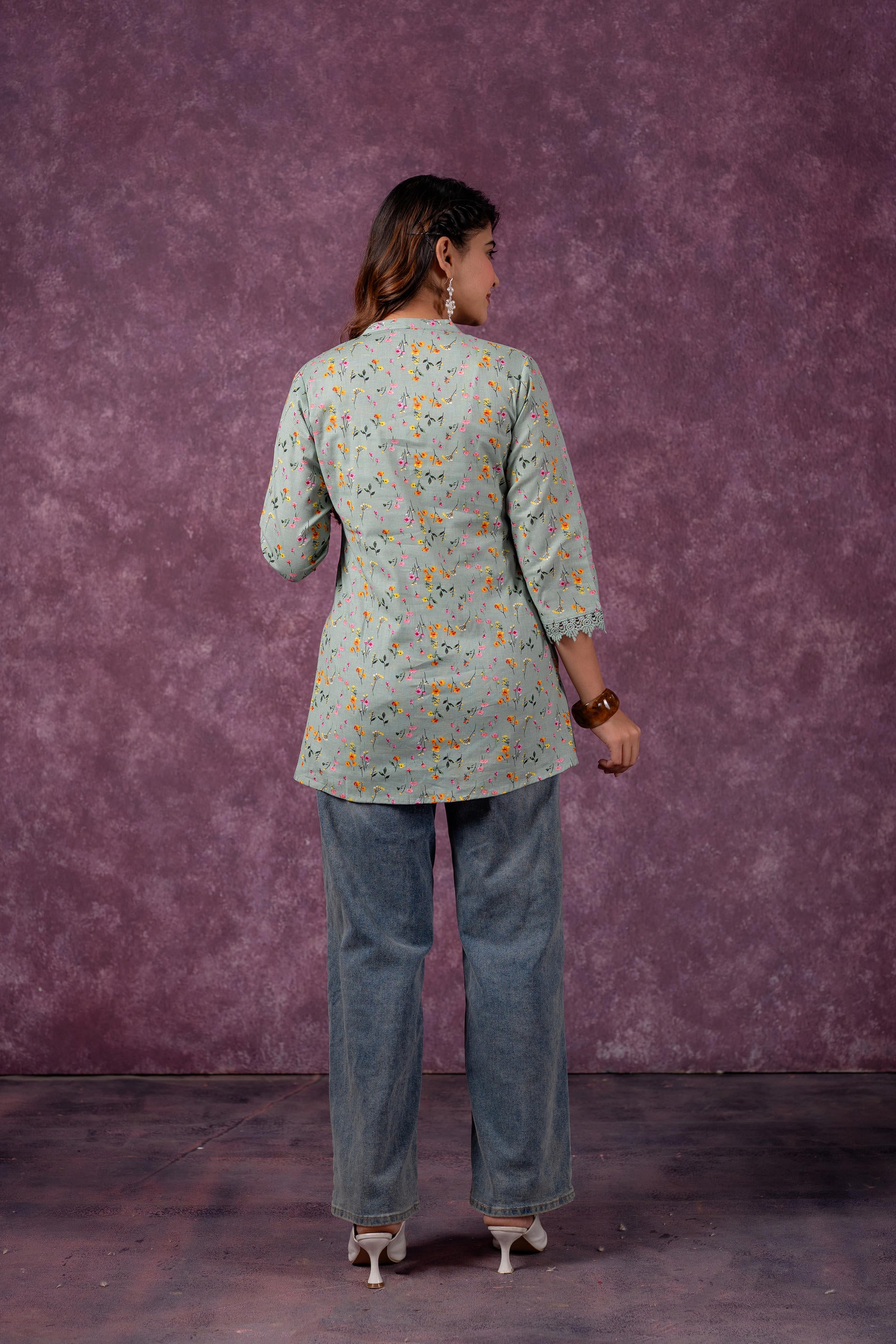 Sage Green Blossom Printed Short Peplum Kurti with Lace Sleeves