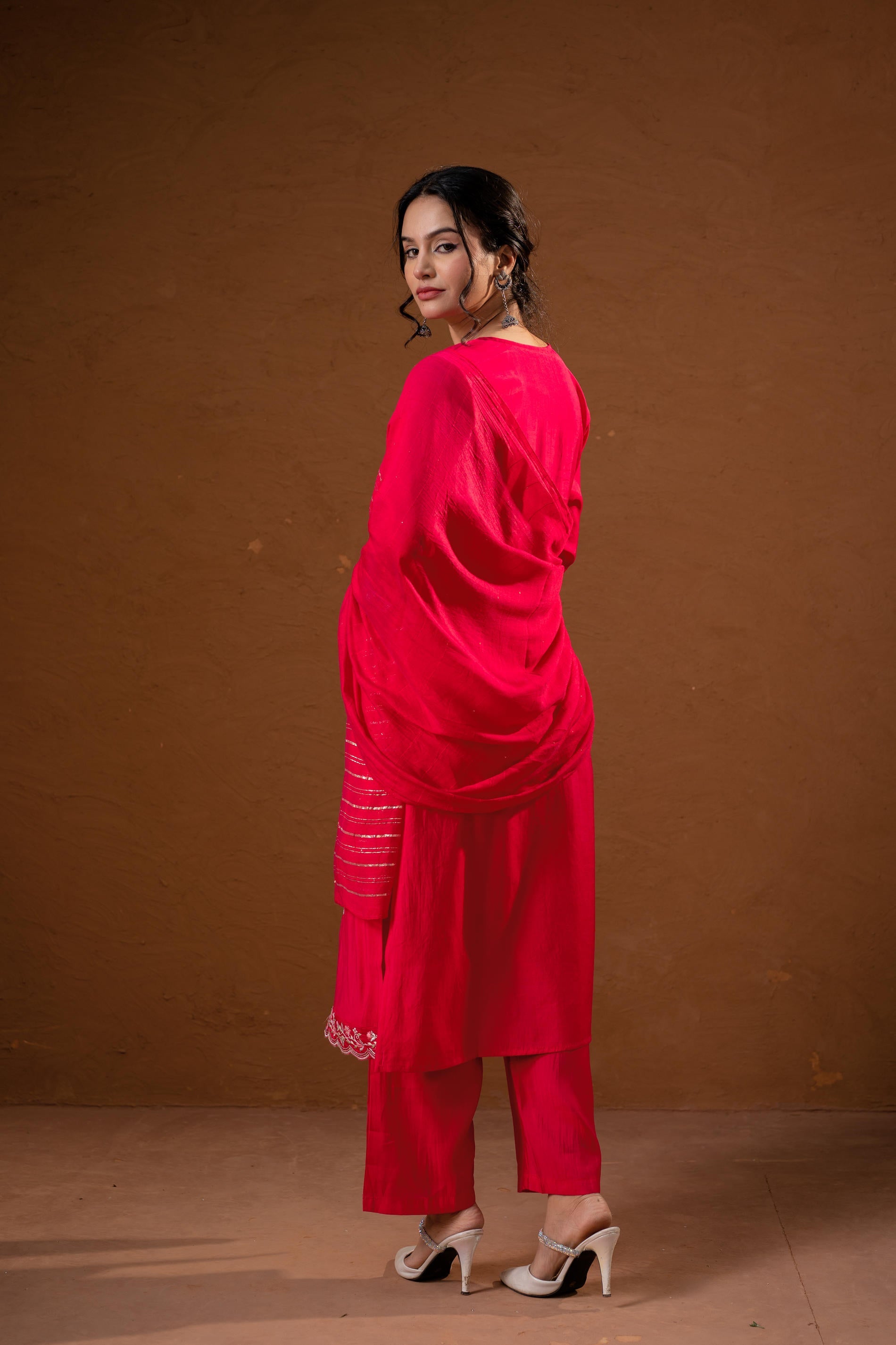 Fuchsia,Zari Embroidered Straight Kurta Set with Matching Pant & Dupatta