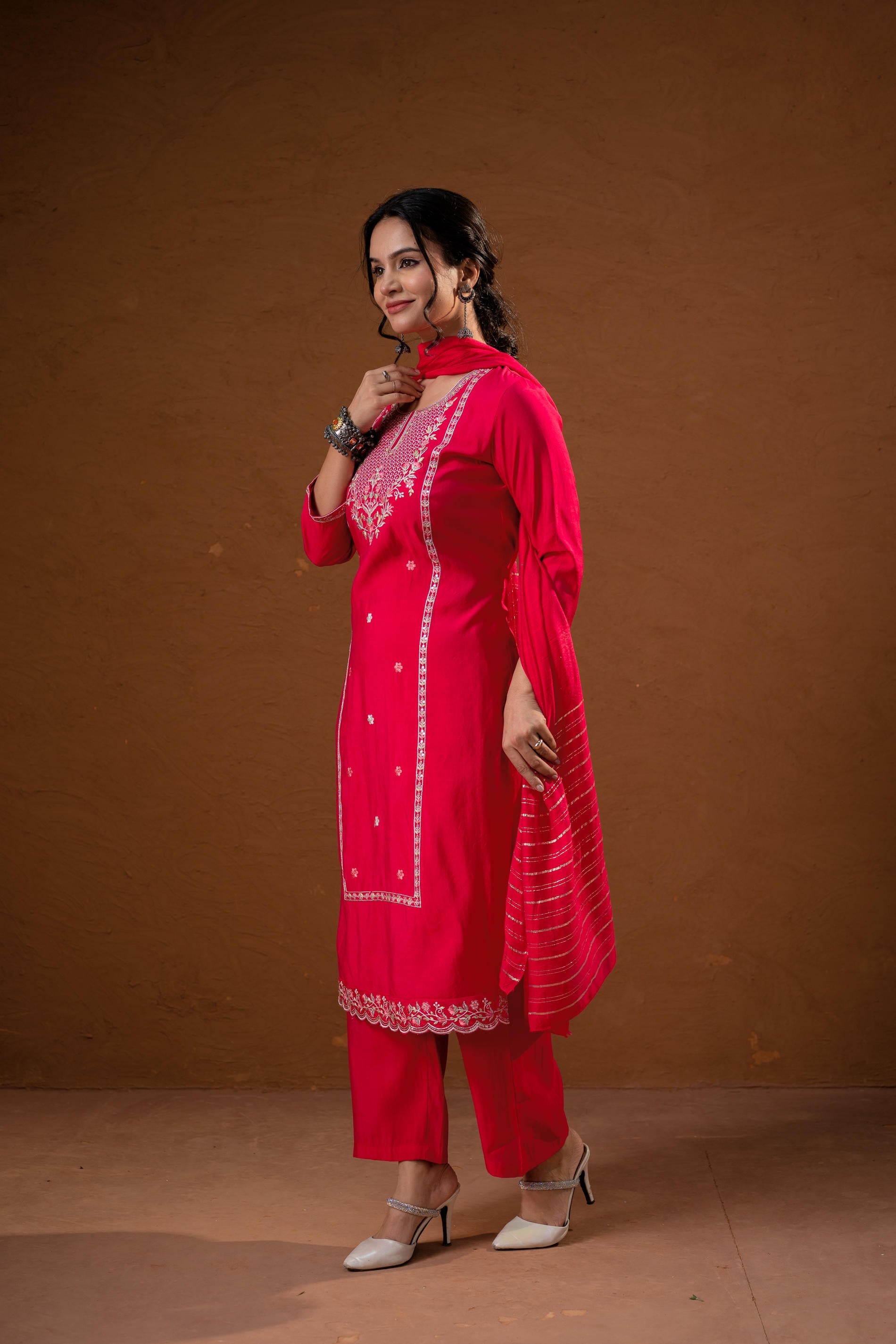 Fuchsia,Zari Embroidered Straight Kurta Set with Matching Pant & Dupatta
