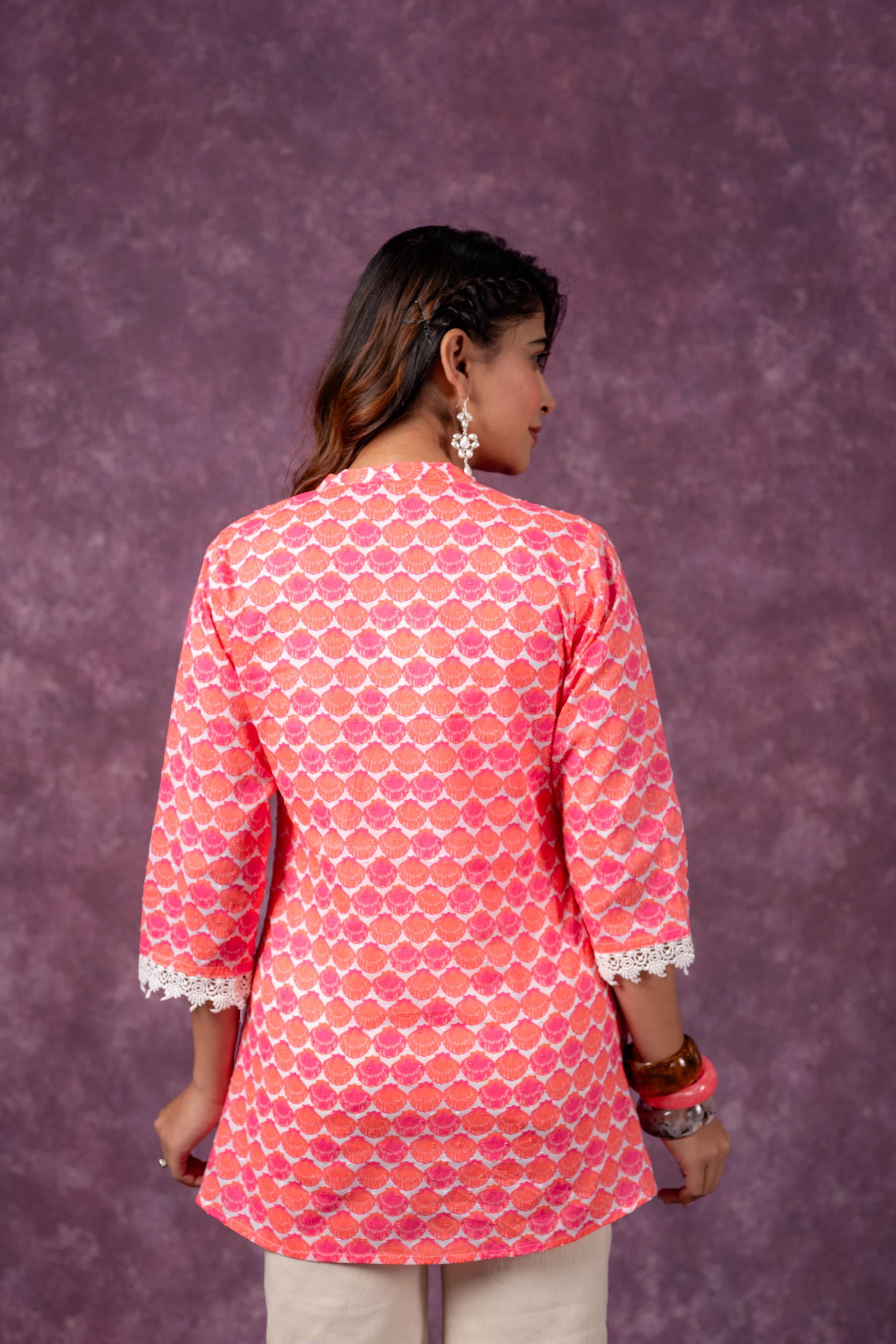 Orange Blossom Printed Short Peplum Kurti with Lace Sleeves