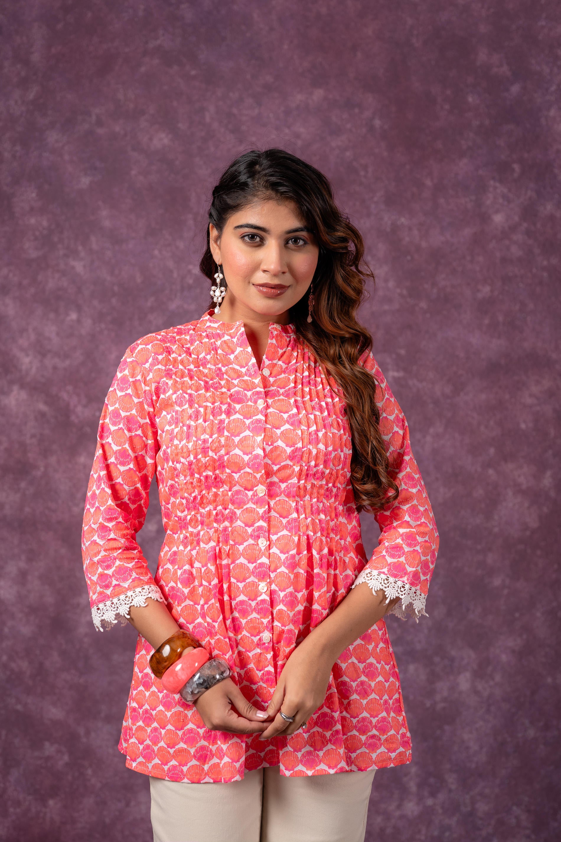 Orange Blossom Printed Short Peplum Kurti with Lace Sleeves