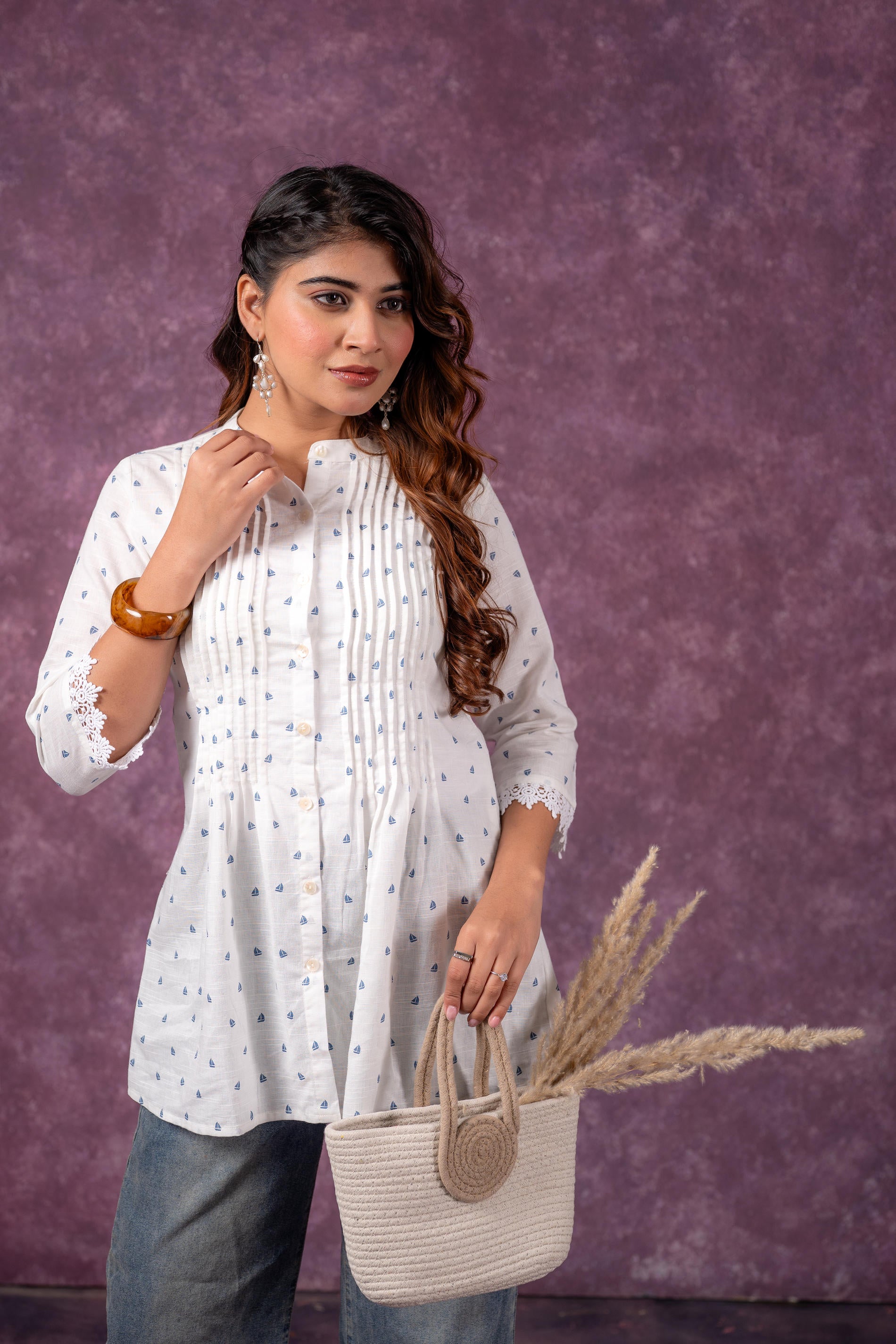 Cloud Blossom Printed Short Peplum Kurti with Lace Sleeves