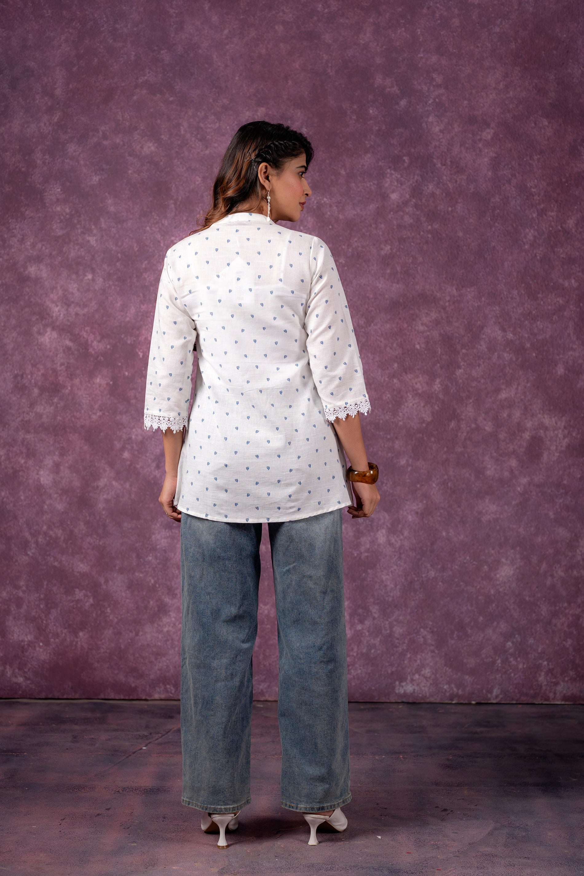 Cloud Blossom Printed Short Peplum Kurti with Lace Sleeves