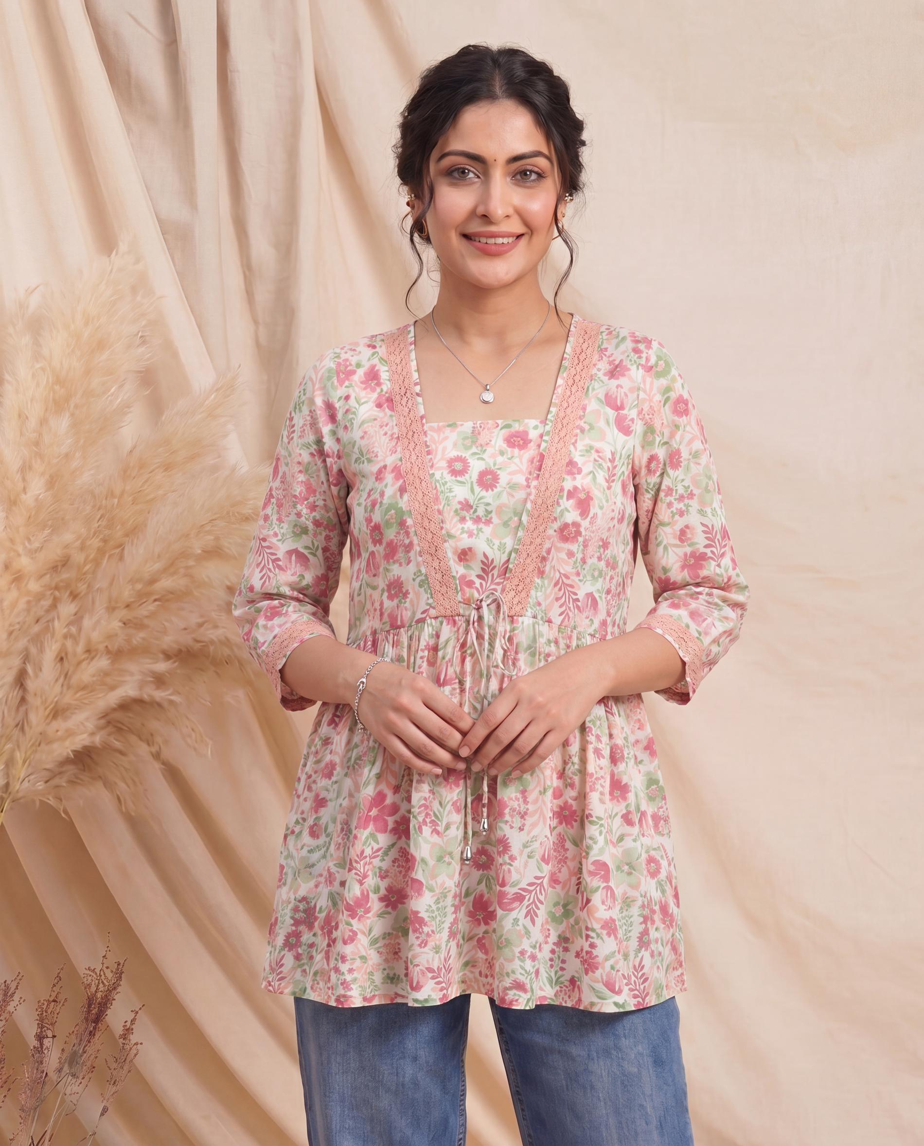 White & Multi Floral Printed Cotton Tunic