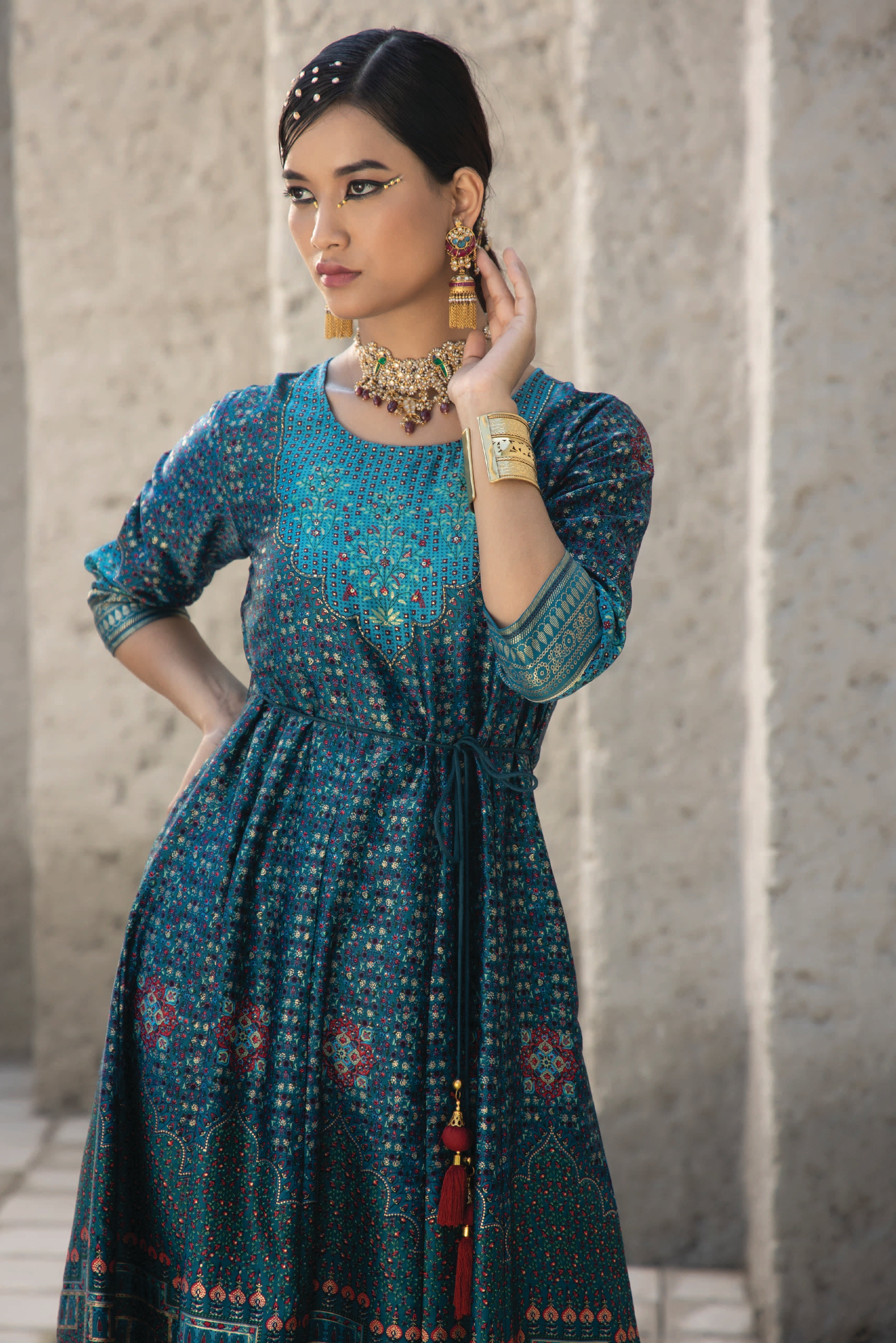 Juniper Teal Ethnic Motif Printed Satin Anarkali Dress with Bead Work