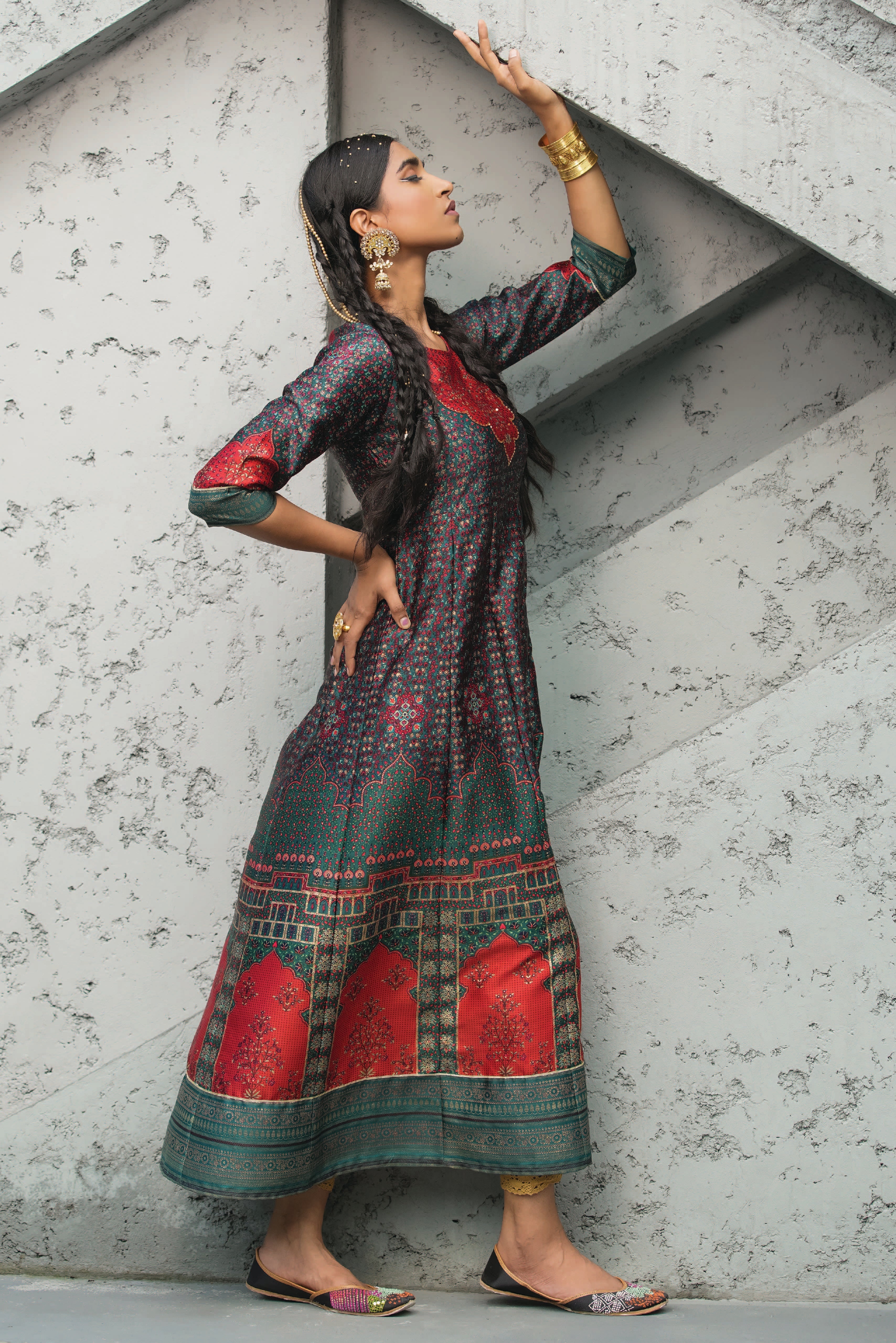 Juniper Green Ethnic Motif Printed Satin Anarkali Dress with Bead Work