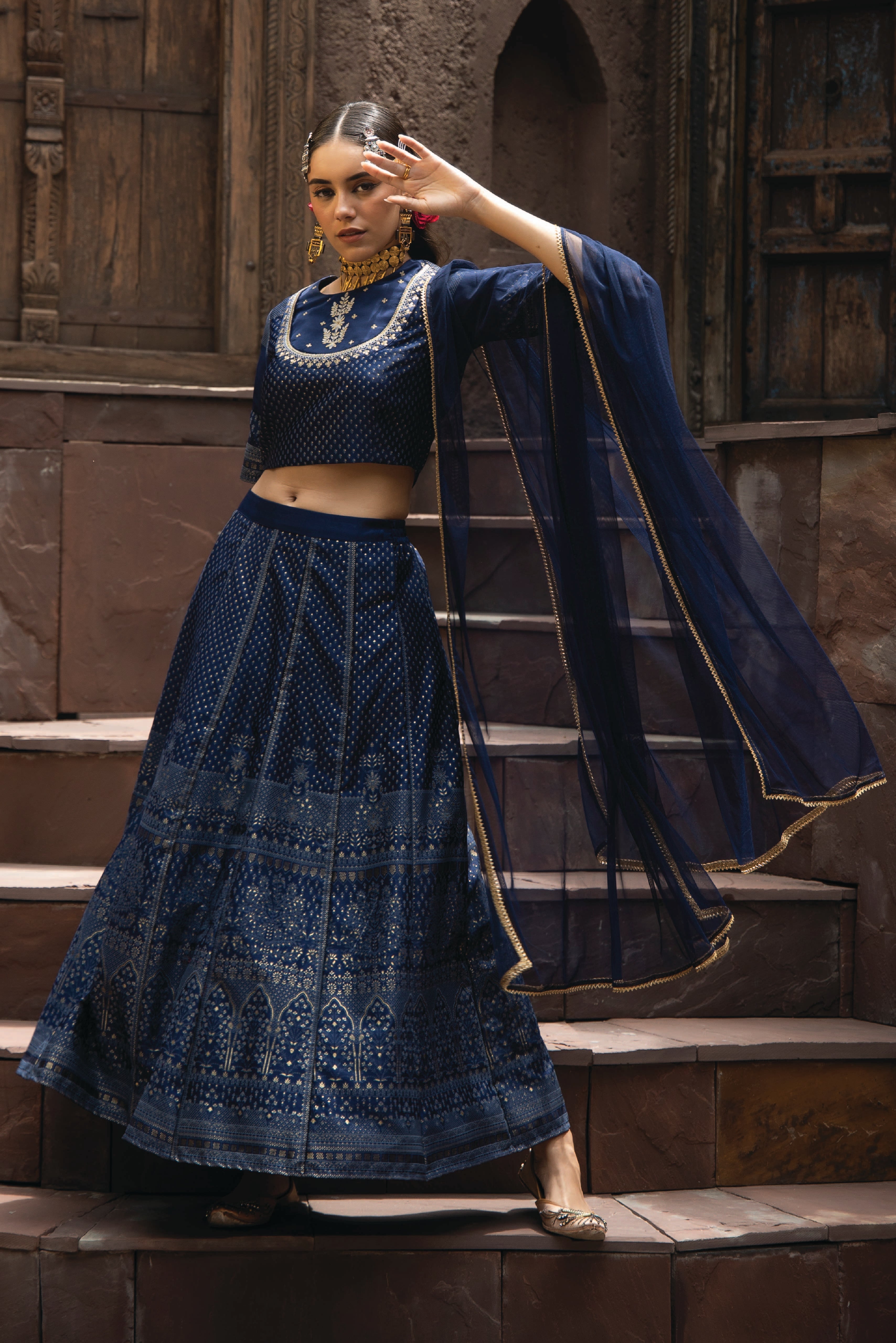 Juniper Navy Dull Sati Polyster Net Festive Embroidered Crop Lehenga Choli Dupatta For Women