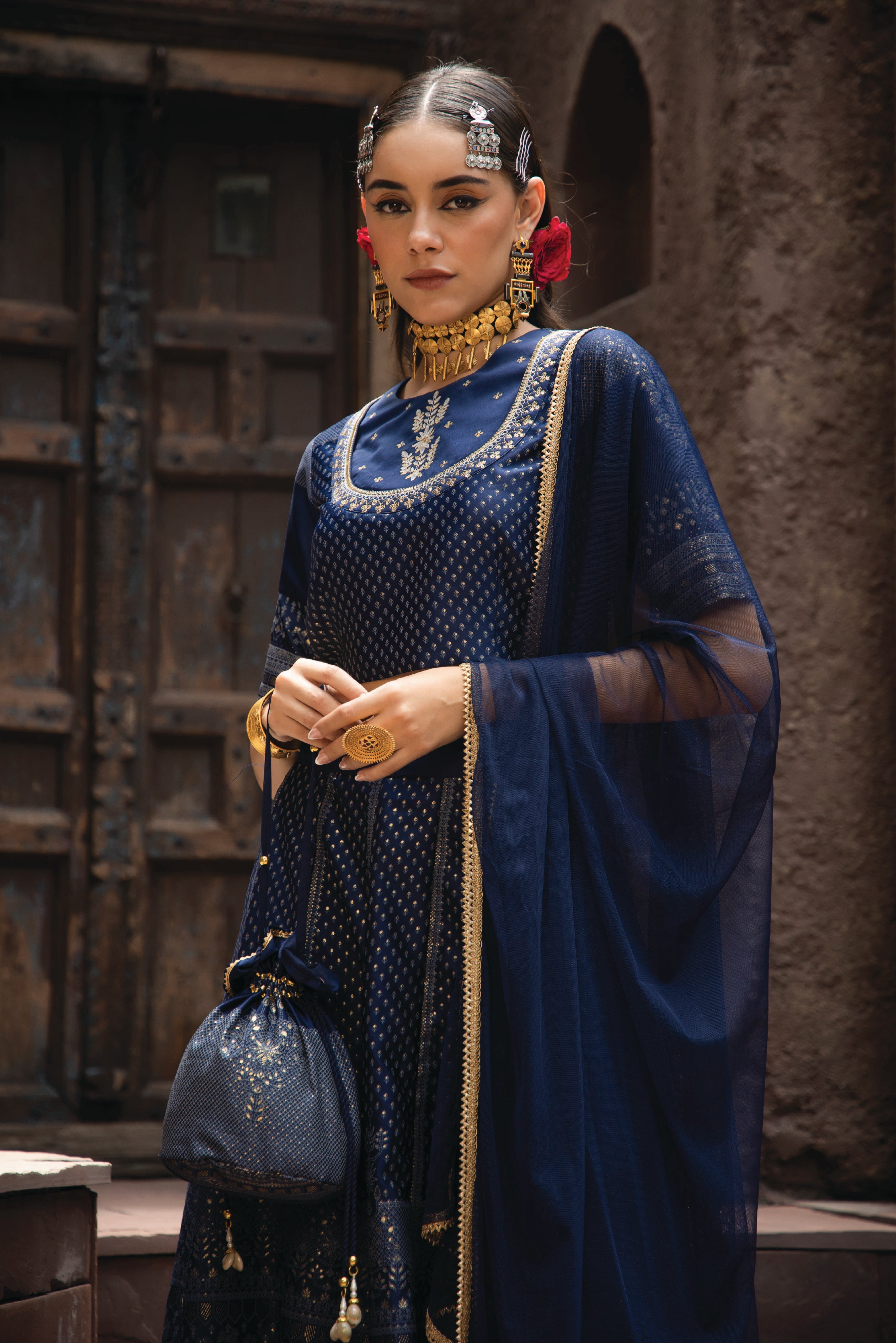 Juniper Navy Dull Sati Polyster Net Festive Embroidered Crop Lehenga Choli Dupatta For Women