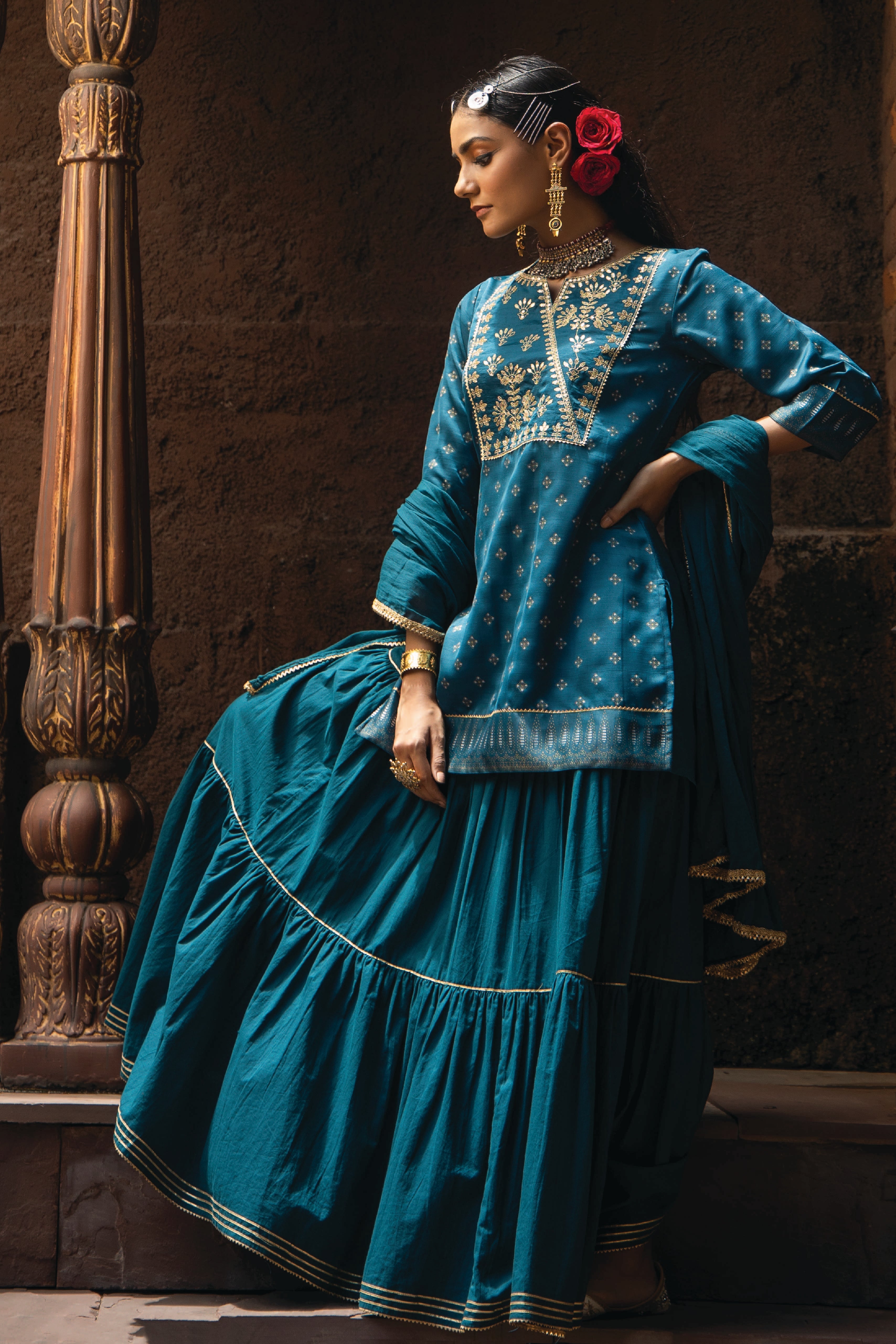 Juniper Teal Ethnic Motif Printed Satin Slub with Zari Embroidery Kurta Sharara & Dupatta Set.