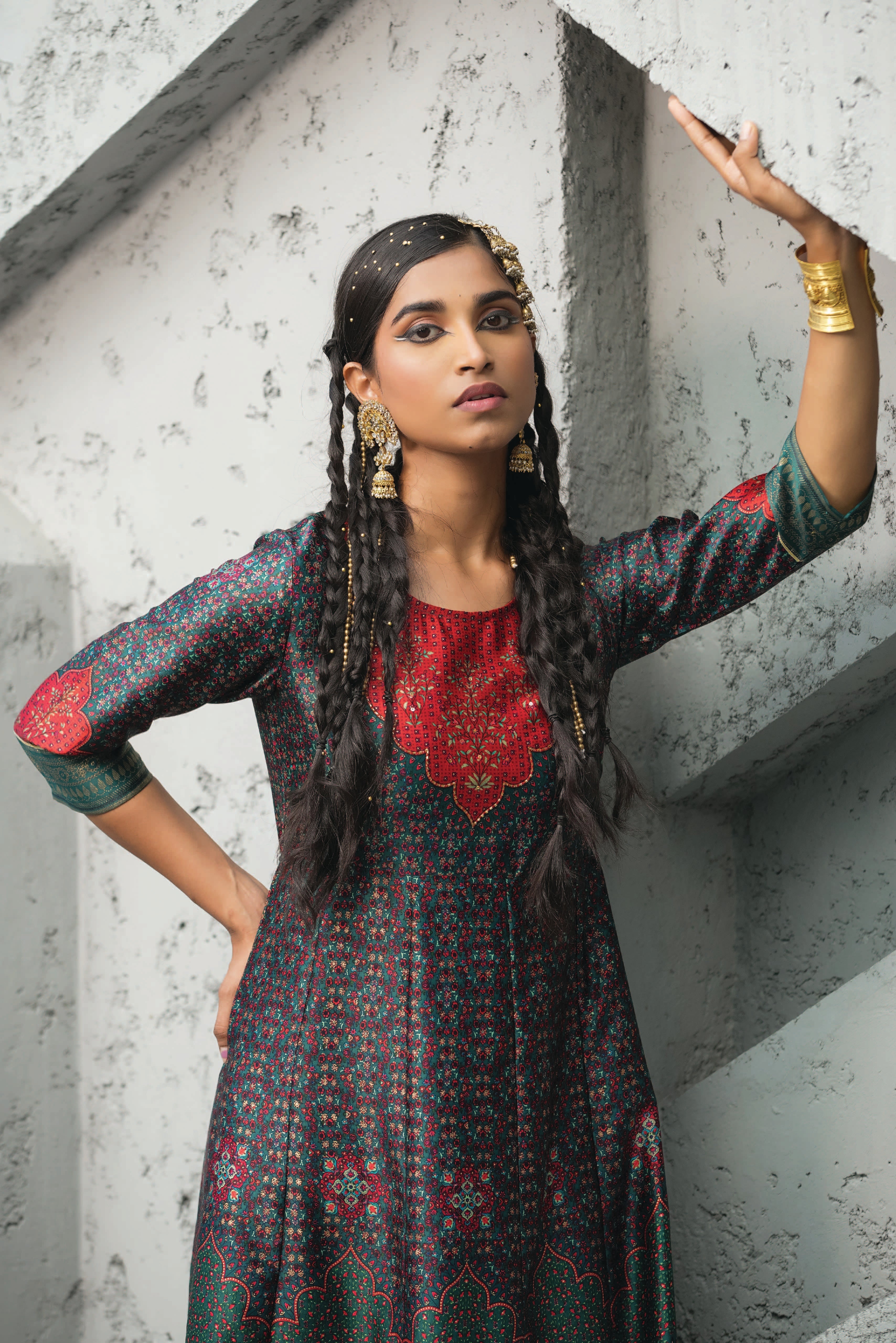 Juniper Green Ethnic Motif Printed Satin Anarkali Dress with Bead Work