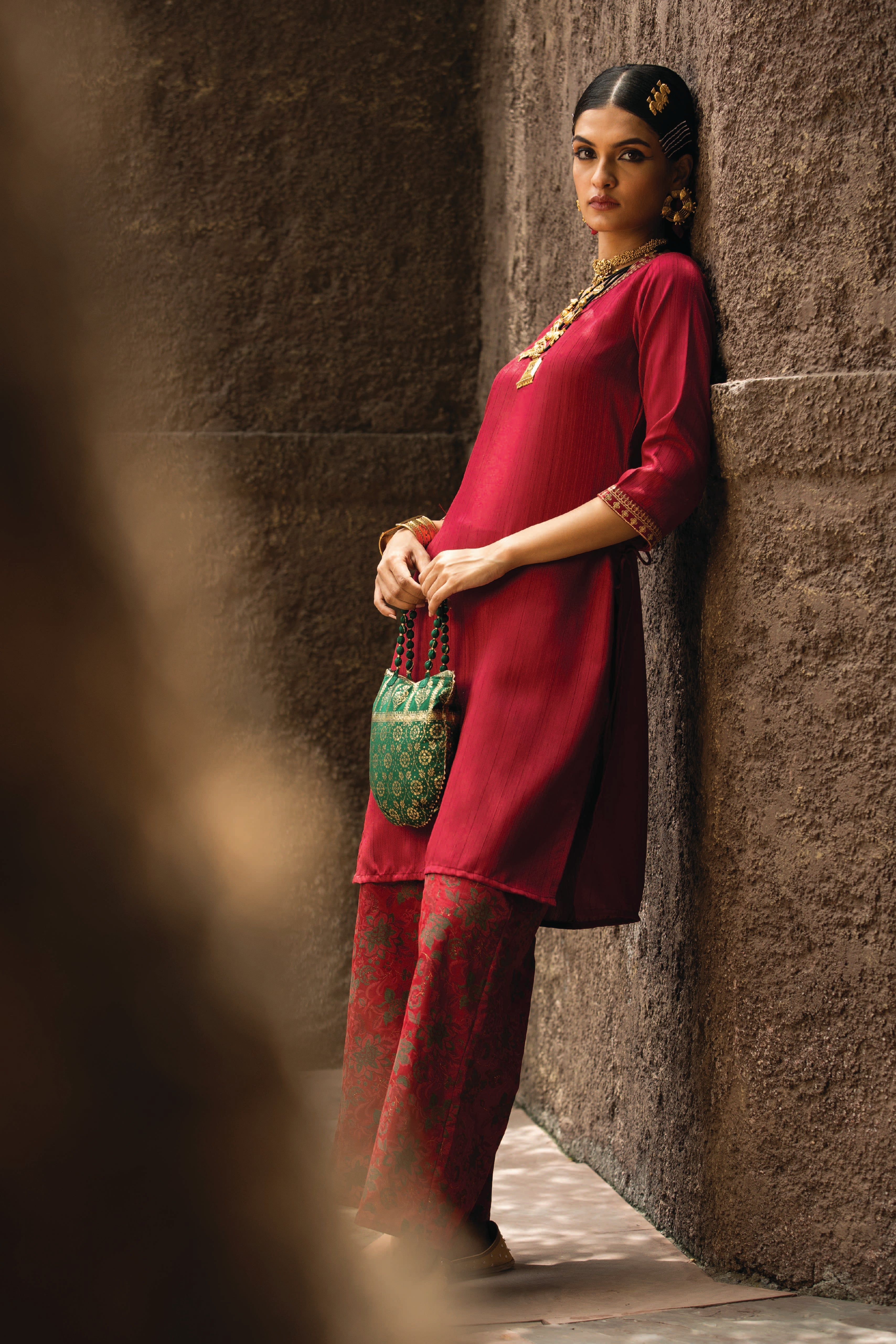 Juniper Maroon Satin Slub Festive Printed Straight Kurta Suit Set For Women