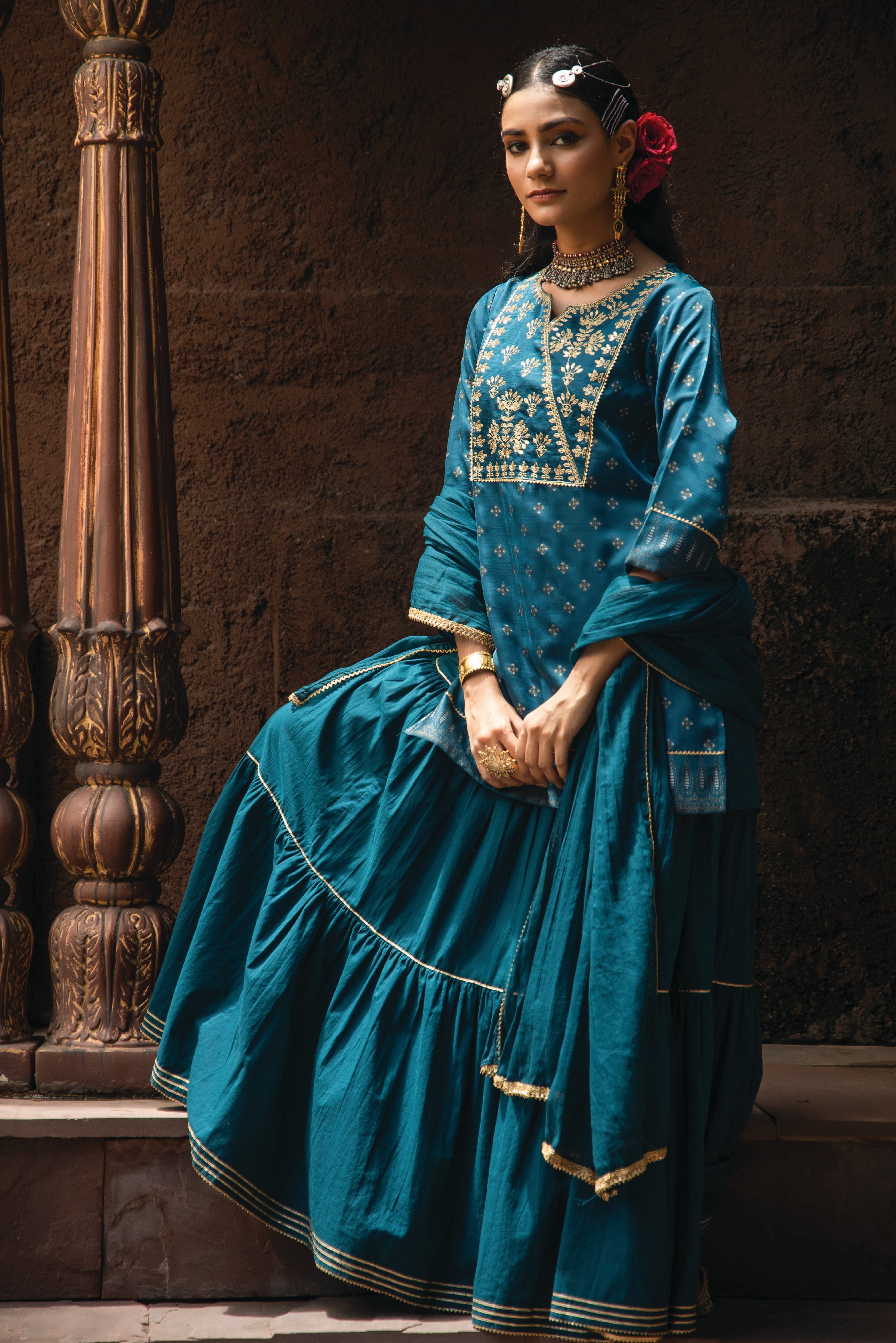 Juniper Teal Ethnic Motif Printed Satin Slub with Zari Embroidery Kurta Sharara & Dupatta Set.