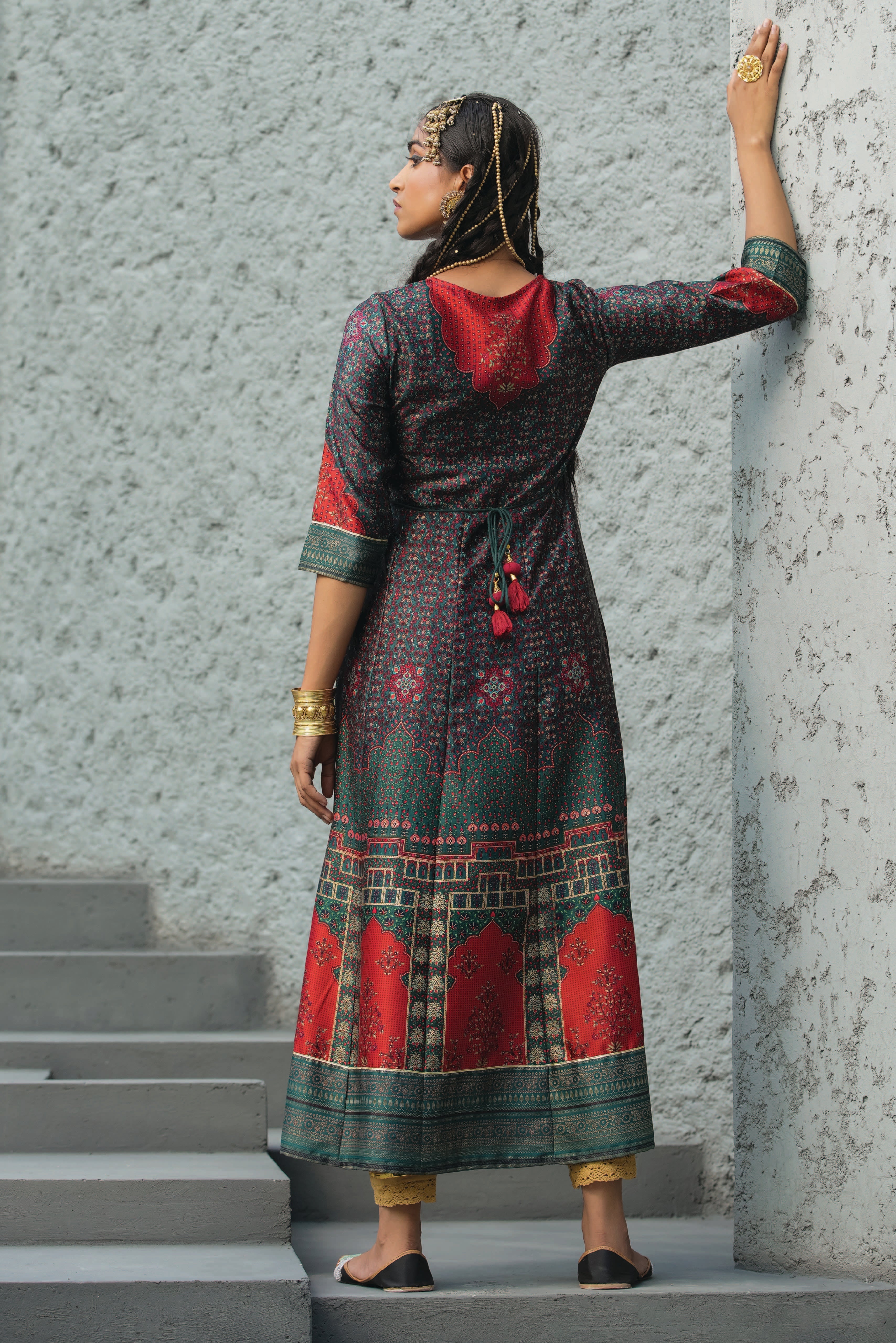 Juniper Green Ethnic Motif Printed Satin Anarkali Dress with Bead Work