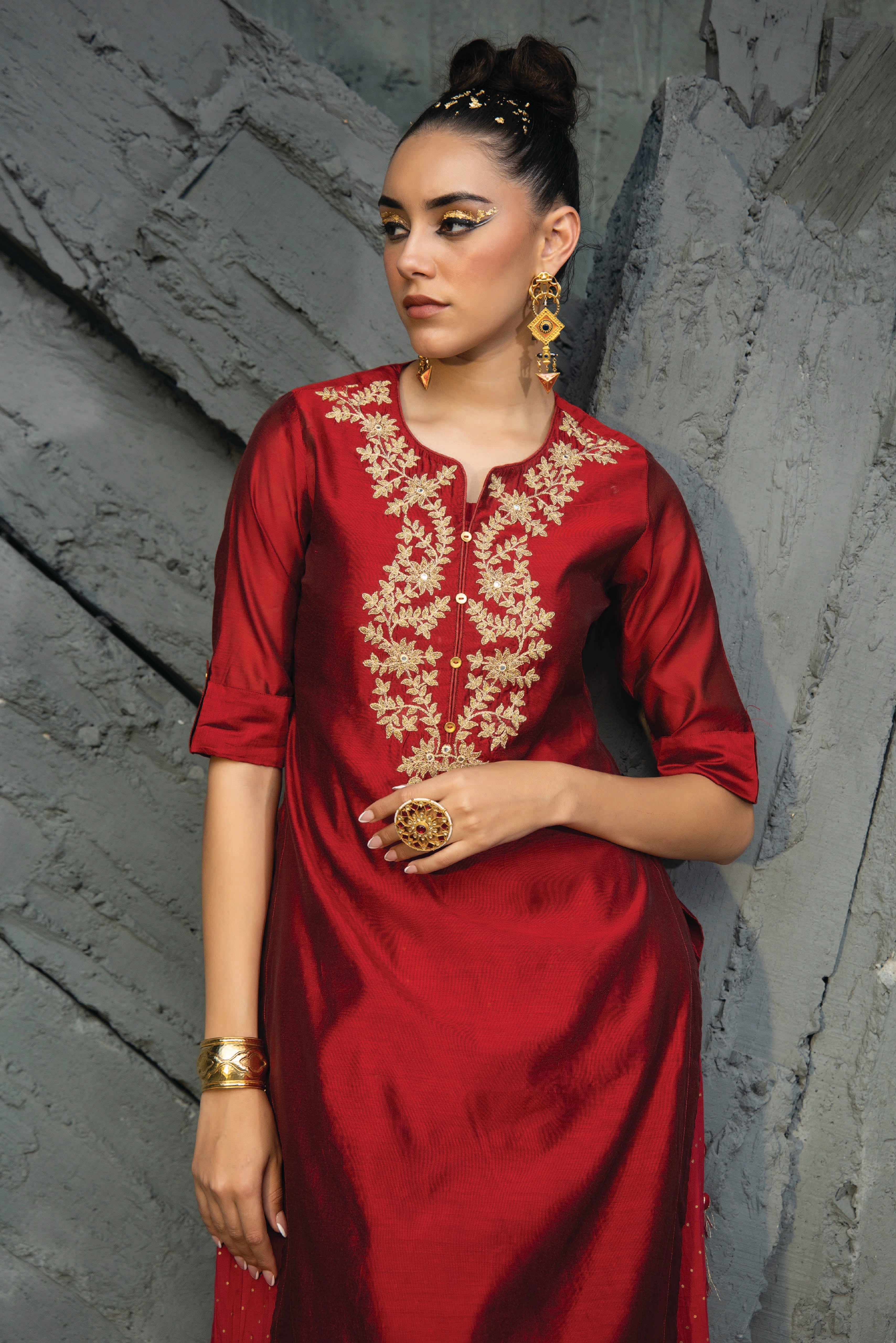 Juniper Maroon Chanderi Festive Flared Kurta For Women