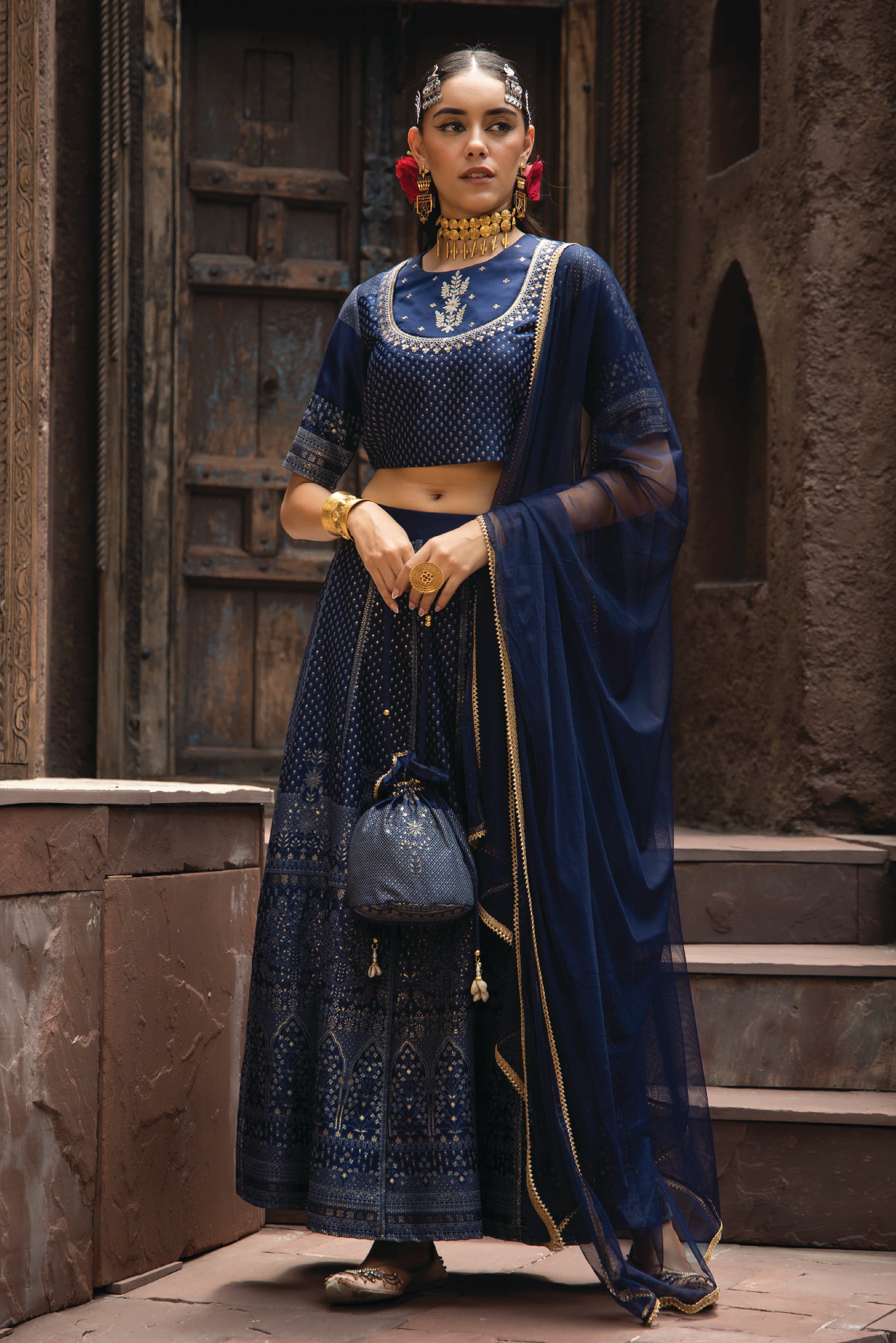 Juniper Navy Dull Sati Polyster Net Festive Embroidered Crop Lehenga Choli Dupatta For Women