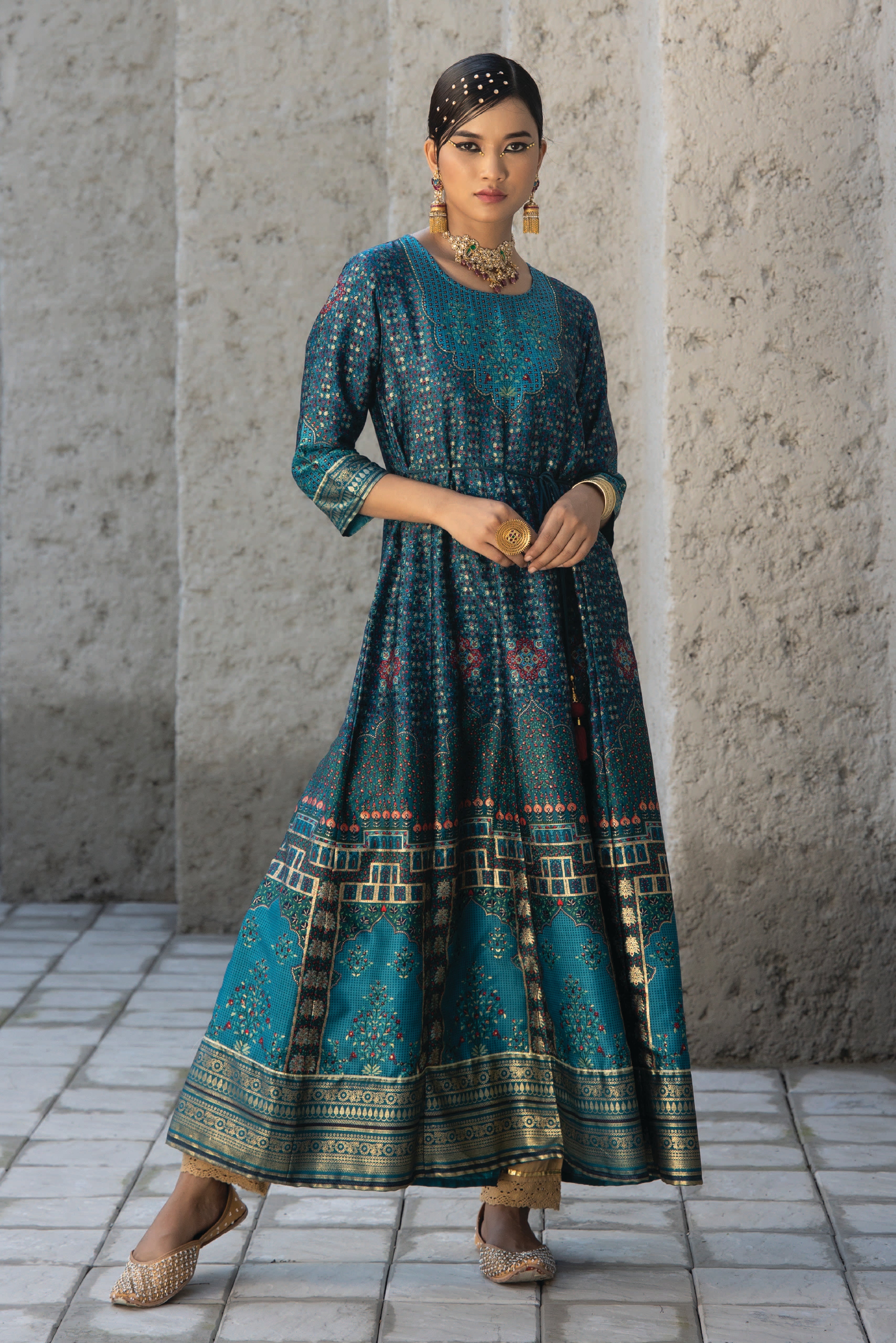 Juniper Teal Ethnic Motif Printed Satin Anarkali Dress with Bead Work