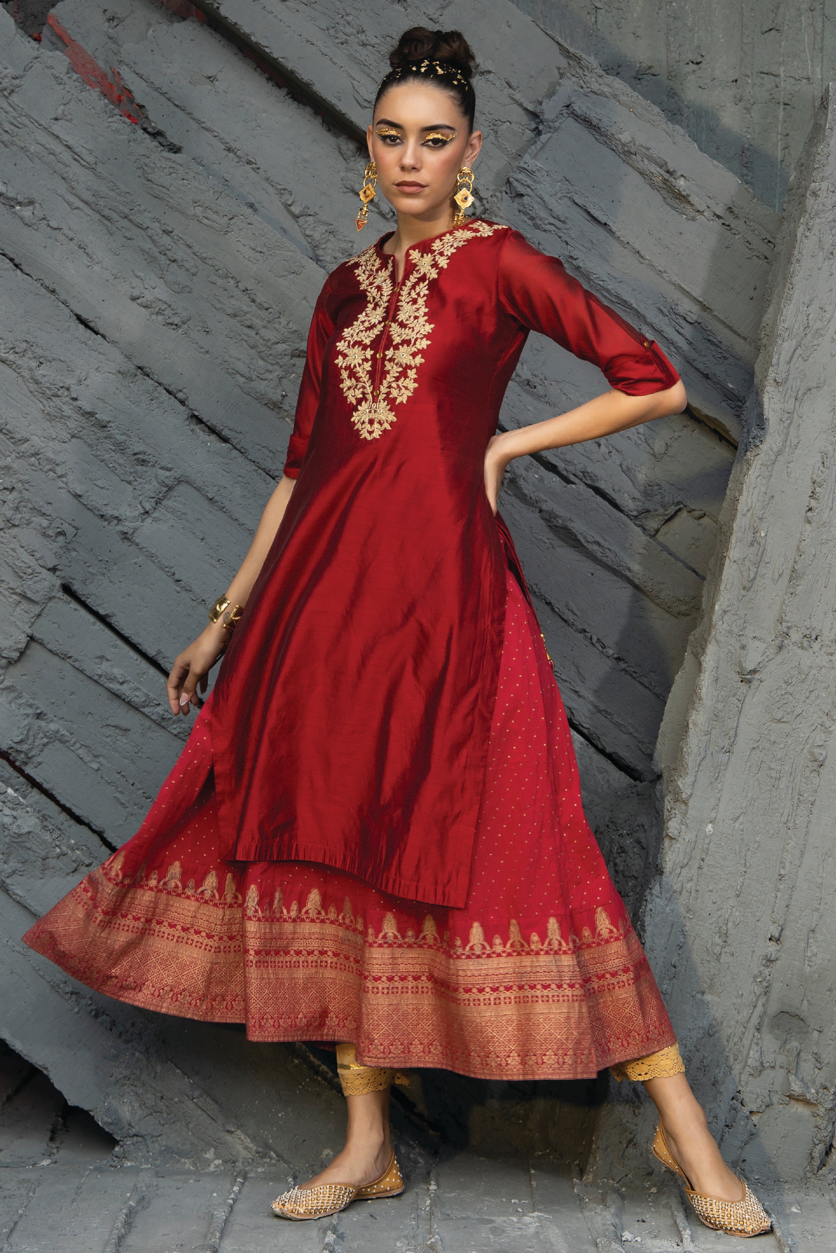 Juniper Maroon Chanderi Festive Flared Kurta For Women