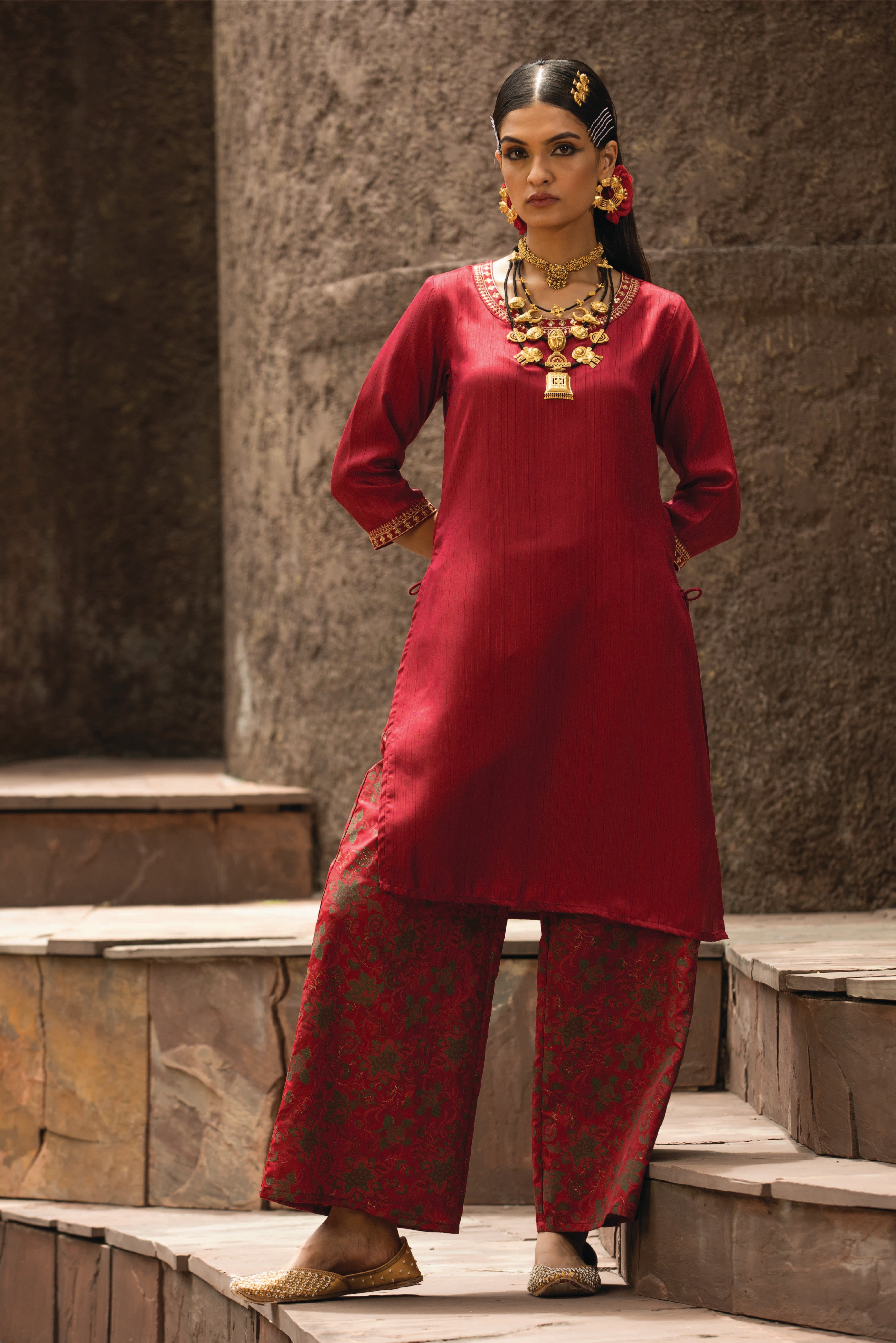 Juniper Maroon Satin Slub Festive Printed Straight Kurta Suit Set For Women