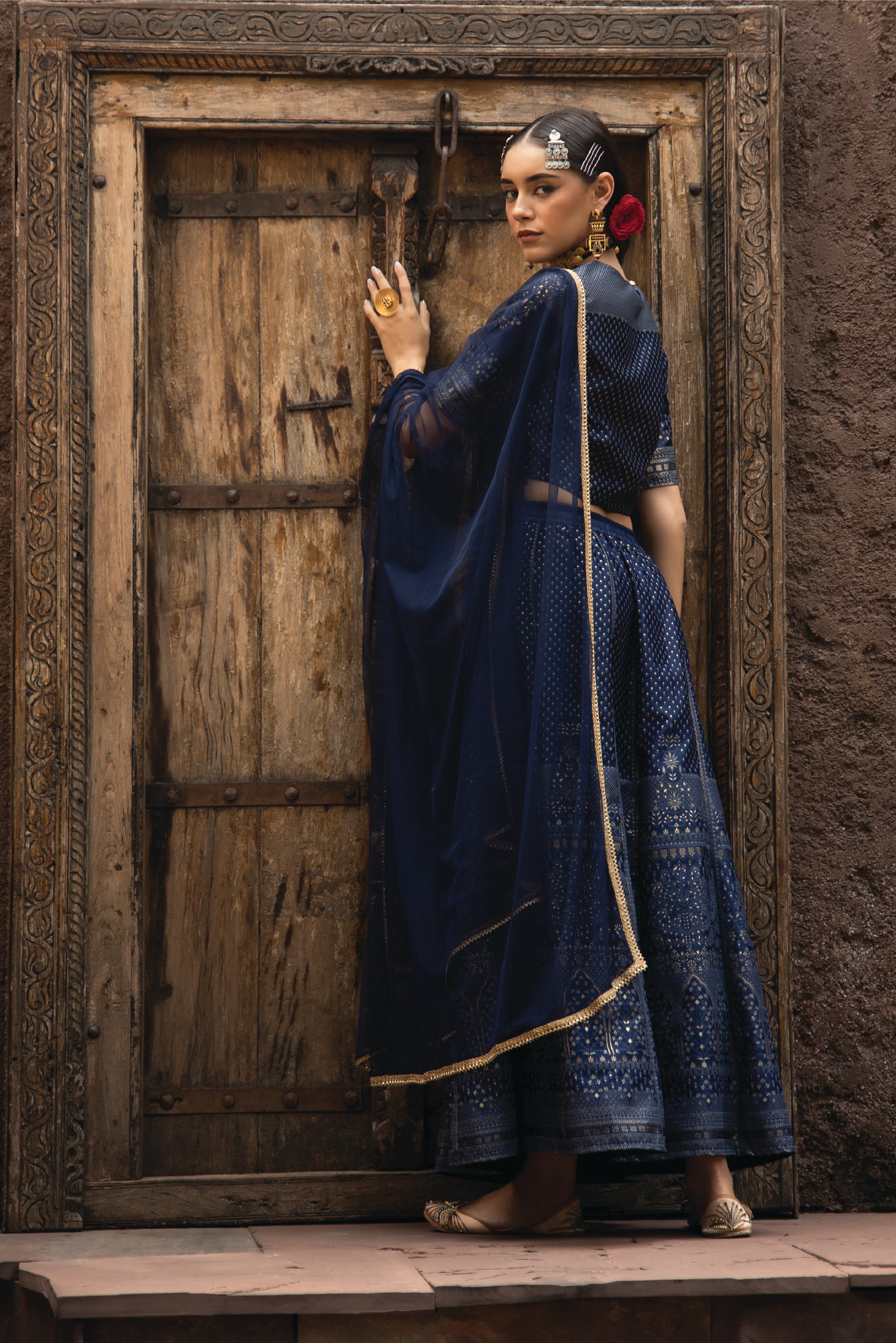 Juniper Navy Dull Sati Polyster Net Festive Embroidered Crop Lehenga Choli Dupatta For Women