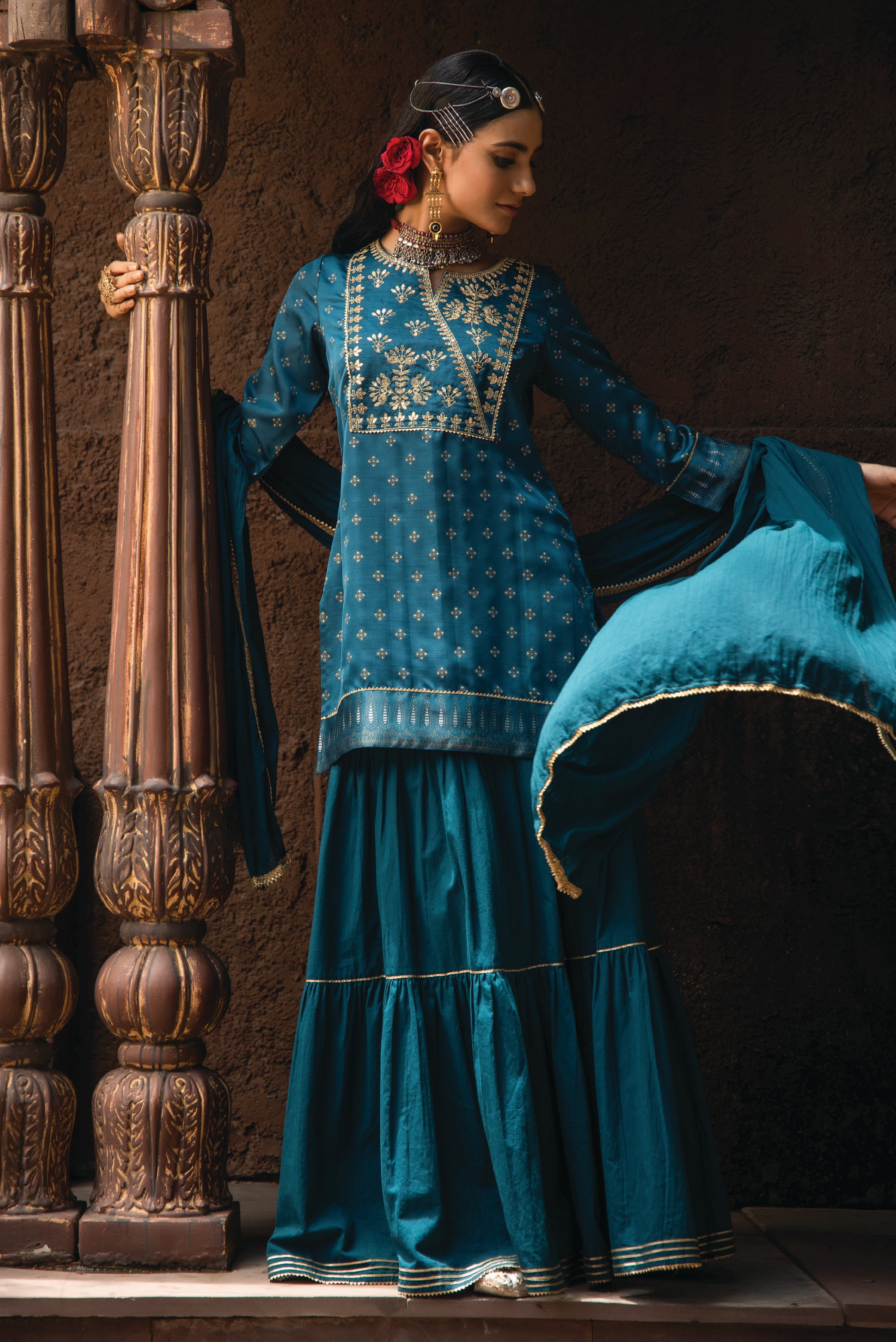 Juniper Teal Ethnic Motif Printed Satin Slub with Zari Embroidery Kurta Sharara & Dupatta Set.