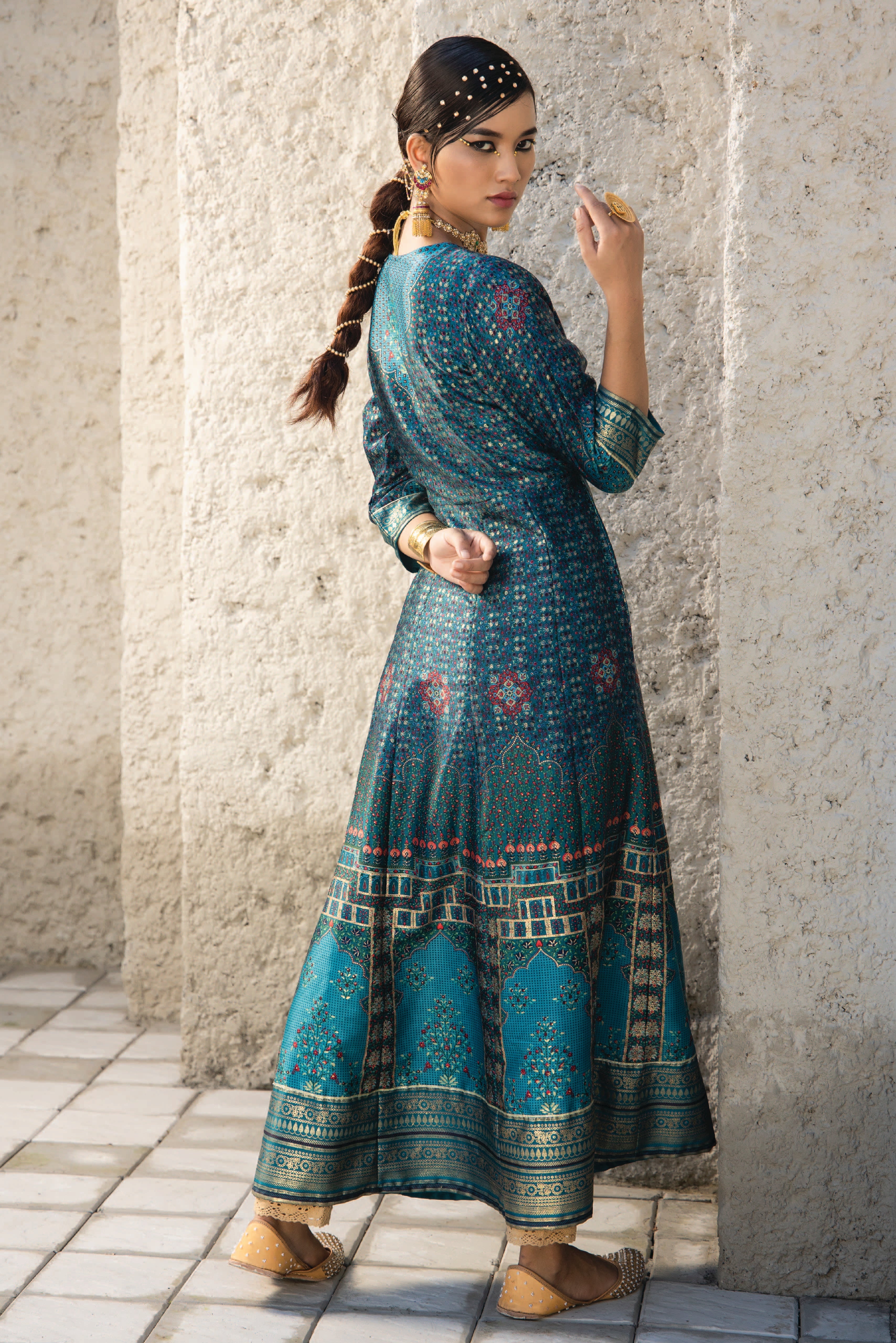 Juniper Teal Ethnic Motif Printed Satin Anarkali Dress with Bead Work