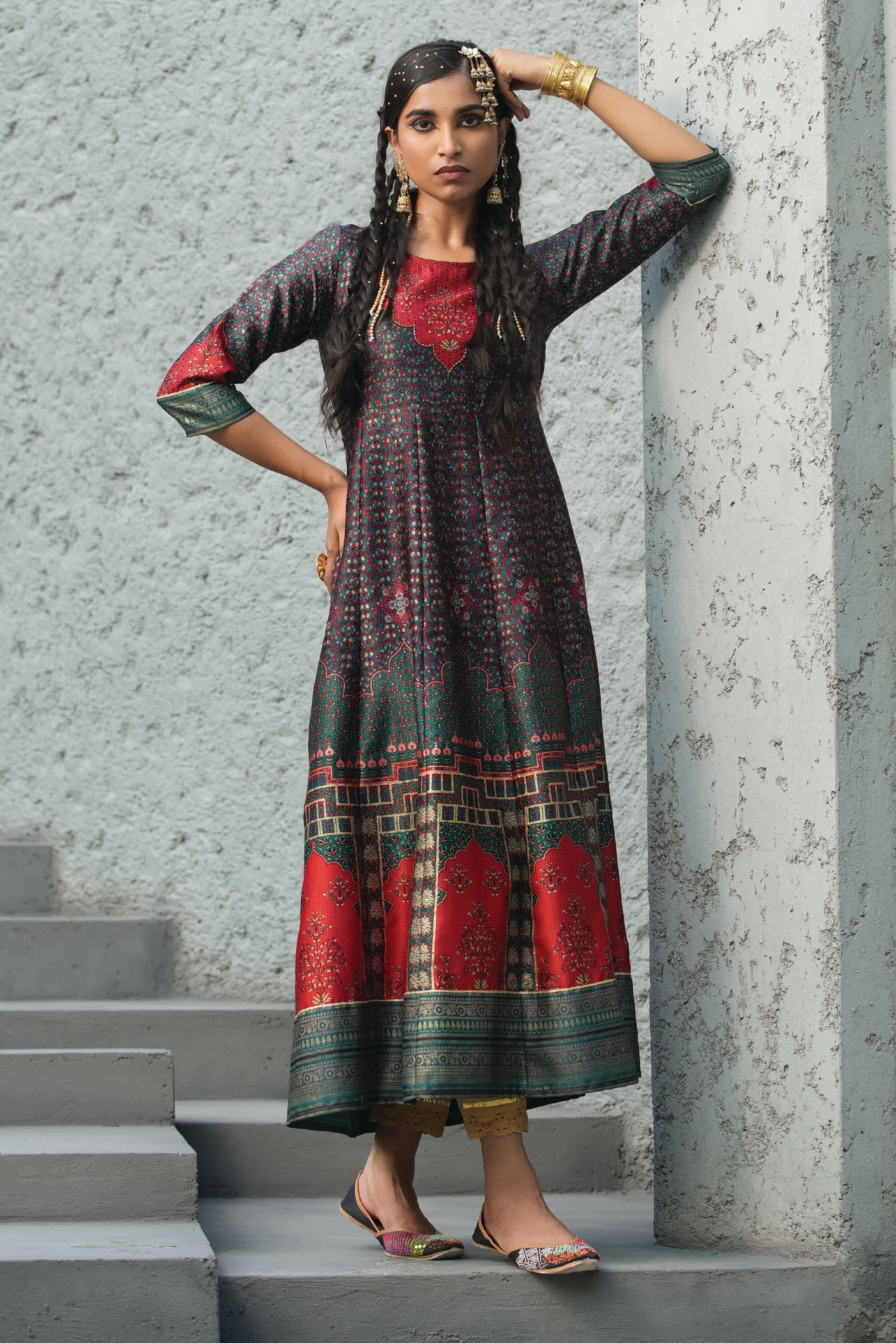 Juniper Green Ethnic Motif Printed Satin Anarkali Dress with Bead Work