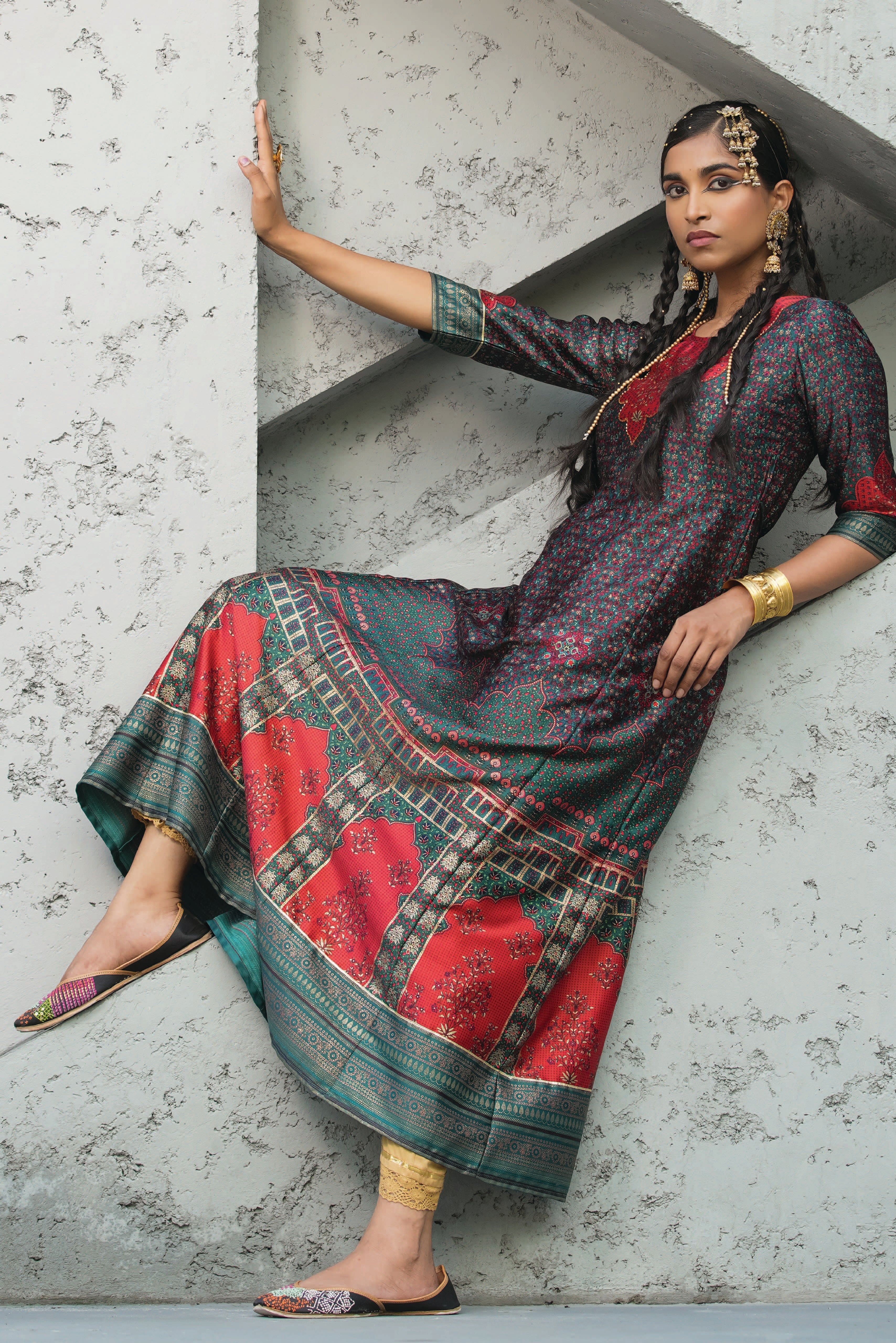 Juniper Green Ethnic Motif Printed Satin Anarkali Dress with Bead Work