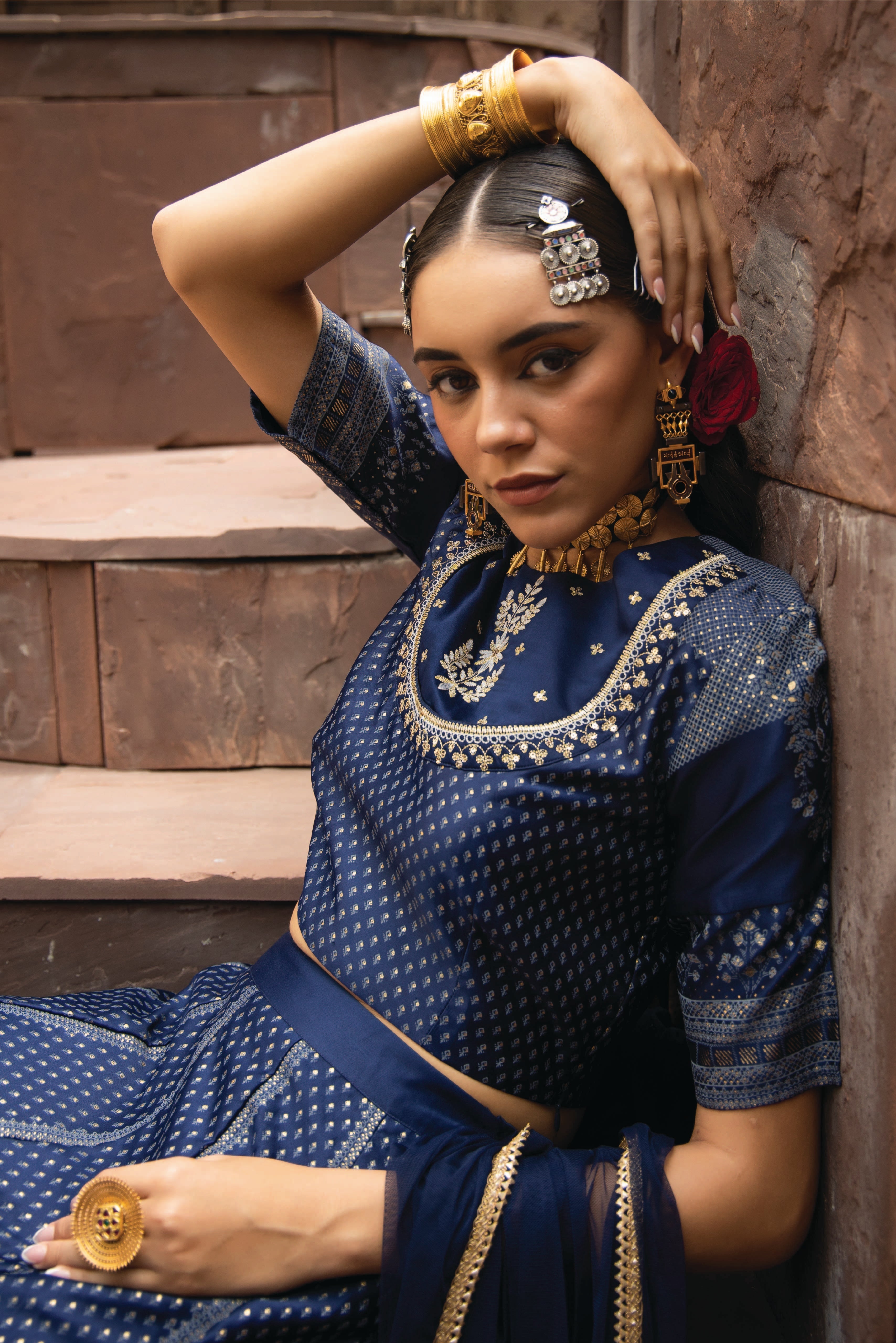 Juniper Navy Dull Sati Polyster Net Festive Embroidered Crop Lehenga Choli Dupatta For Women