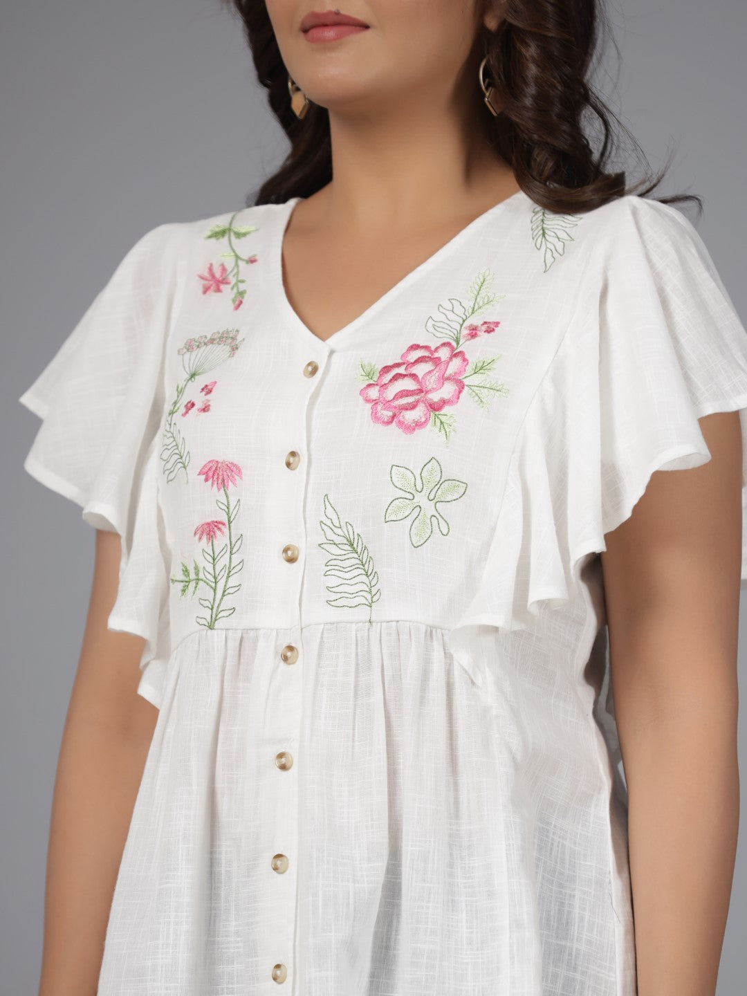 Juniper White Floral Printed Cotton Slub Tunic With Thread Embroidery