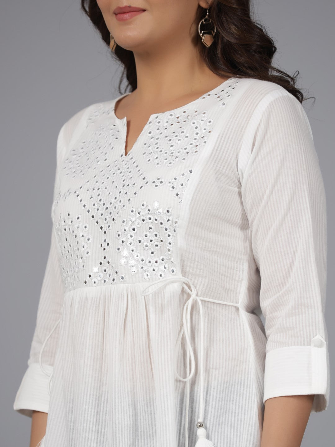 Juniper White Geometric Cotton Dobby Tunic With Mirror Work Embroidery.