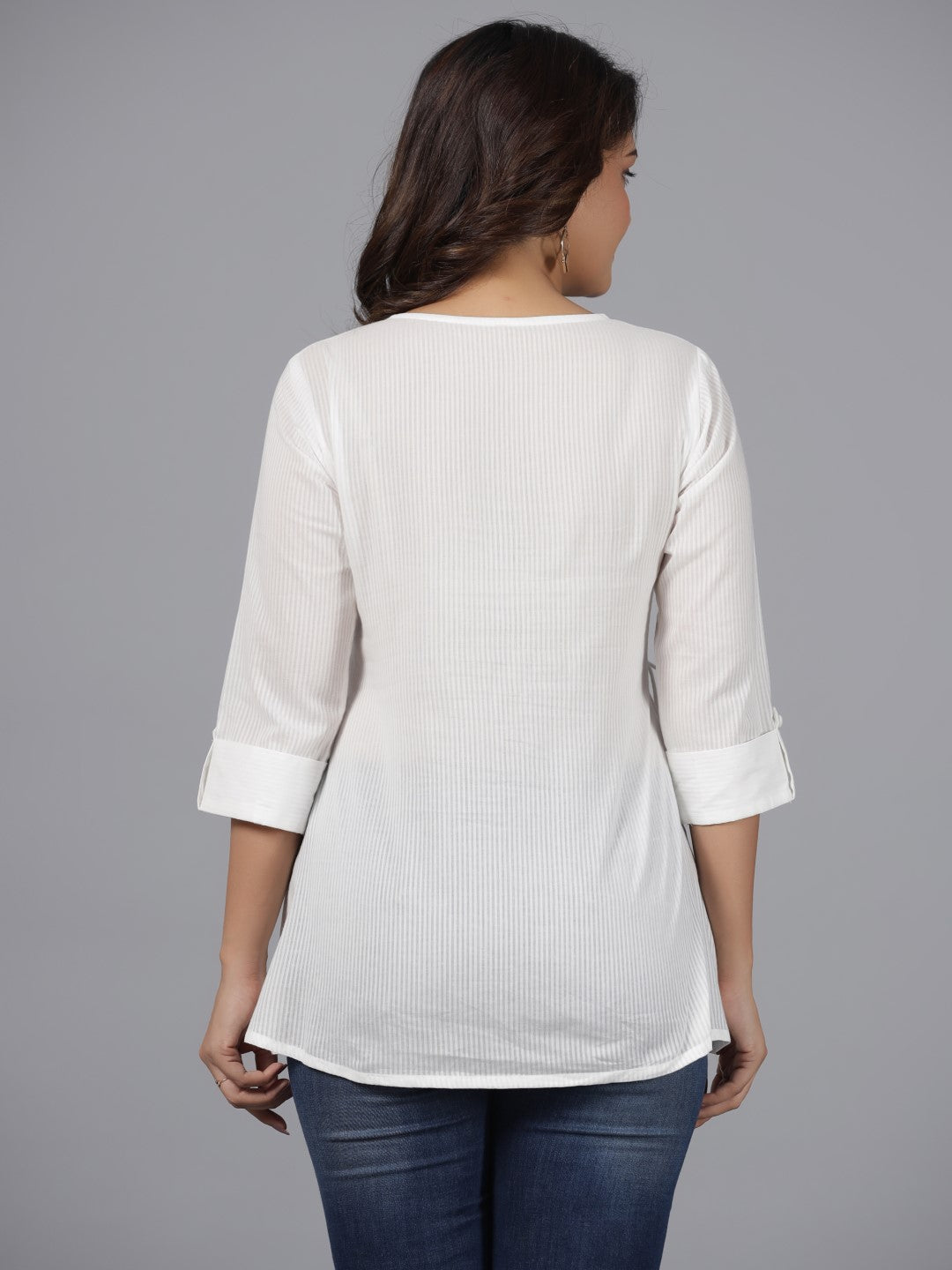 Juniper White Geometric Cotton Dobby Tunic With Mirror Work Embroidery.