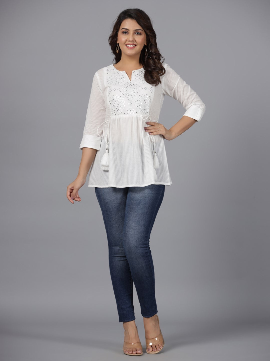 Juniper White Geometric Cotton Dobby Tunic With Mirror Work Embroidery.