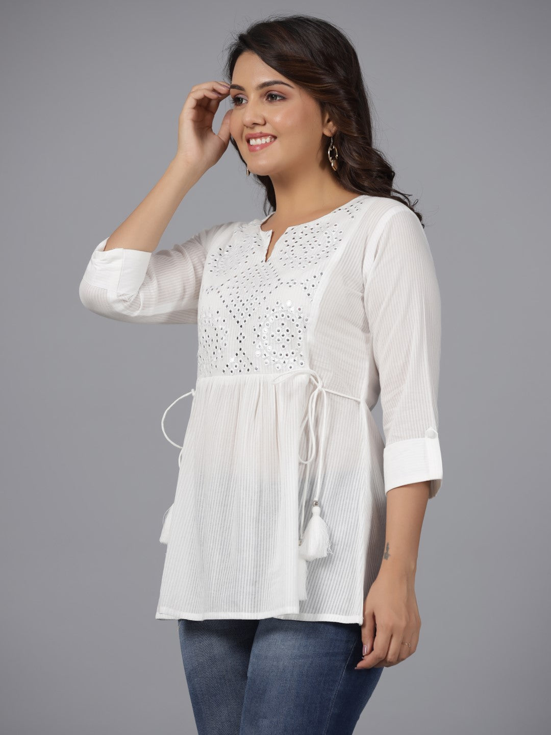 Juniper White Geometric Cotton Dobby Tunic With Mirror Work Embroidery.