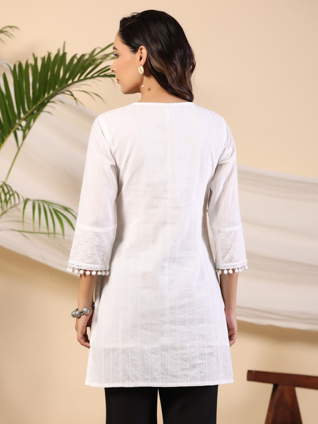 Juniper White Dobby Cotton Tunic With Mirror Work Embroidery