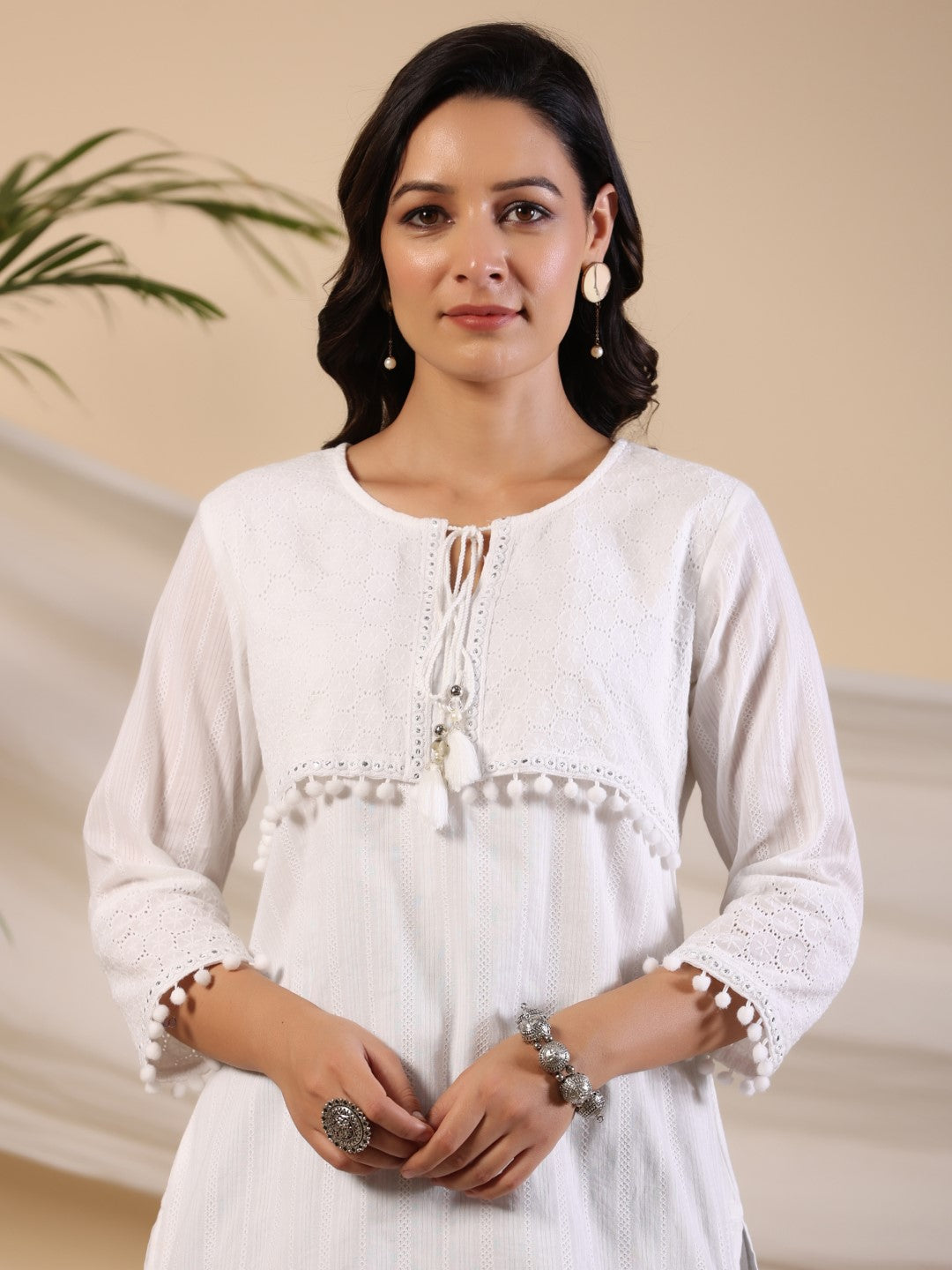 Juniper White Dobby Cotton Tunic With Mirror Work Embroidery