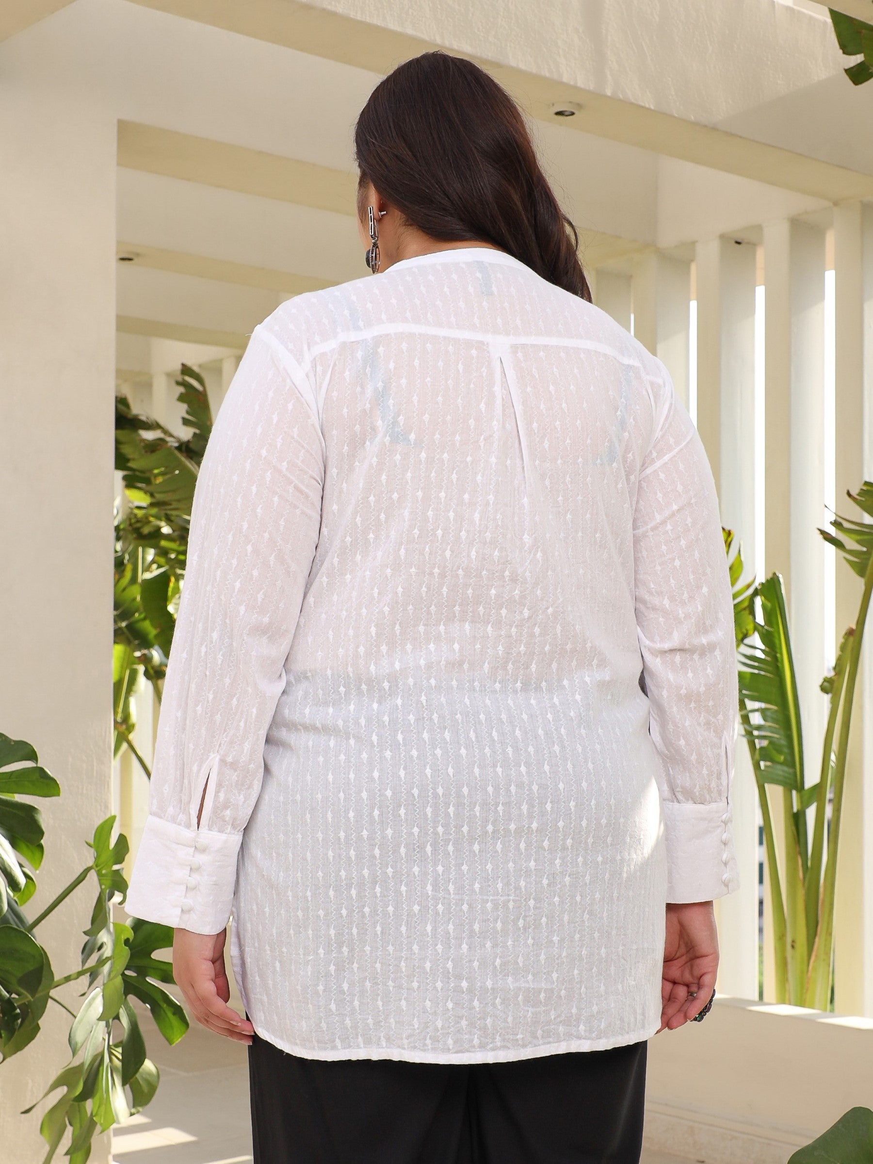 The Rooh Women White Solid Cotton Dobby High- Low Lacy Plus Size Tunic With Pin Tucks & Broad Cuffs