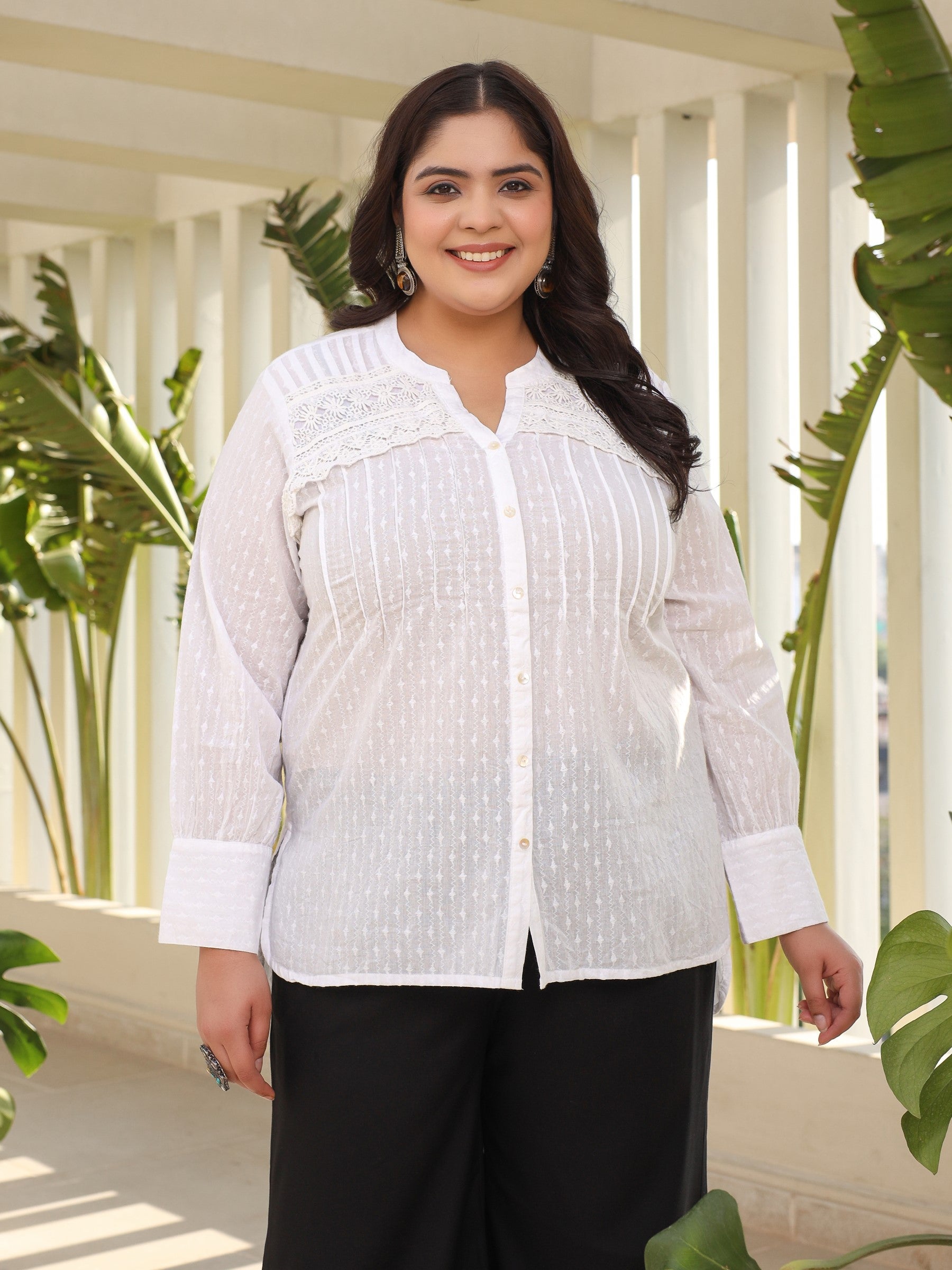 The Rooh Women White Solid Cotton Dobby High- Low Lacy Plus Size Tunic With Pin Tucks & Broad Cuffs