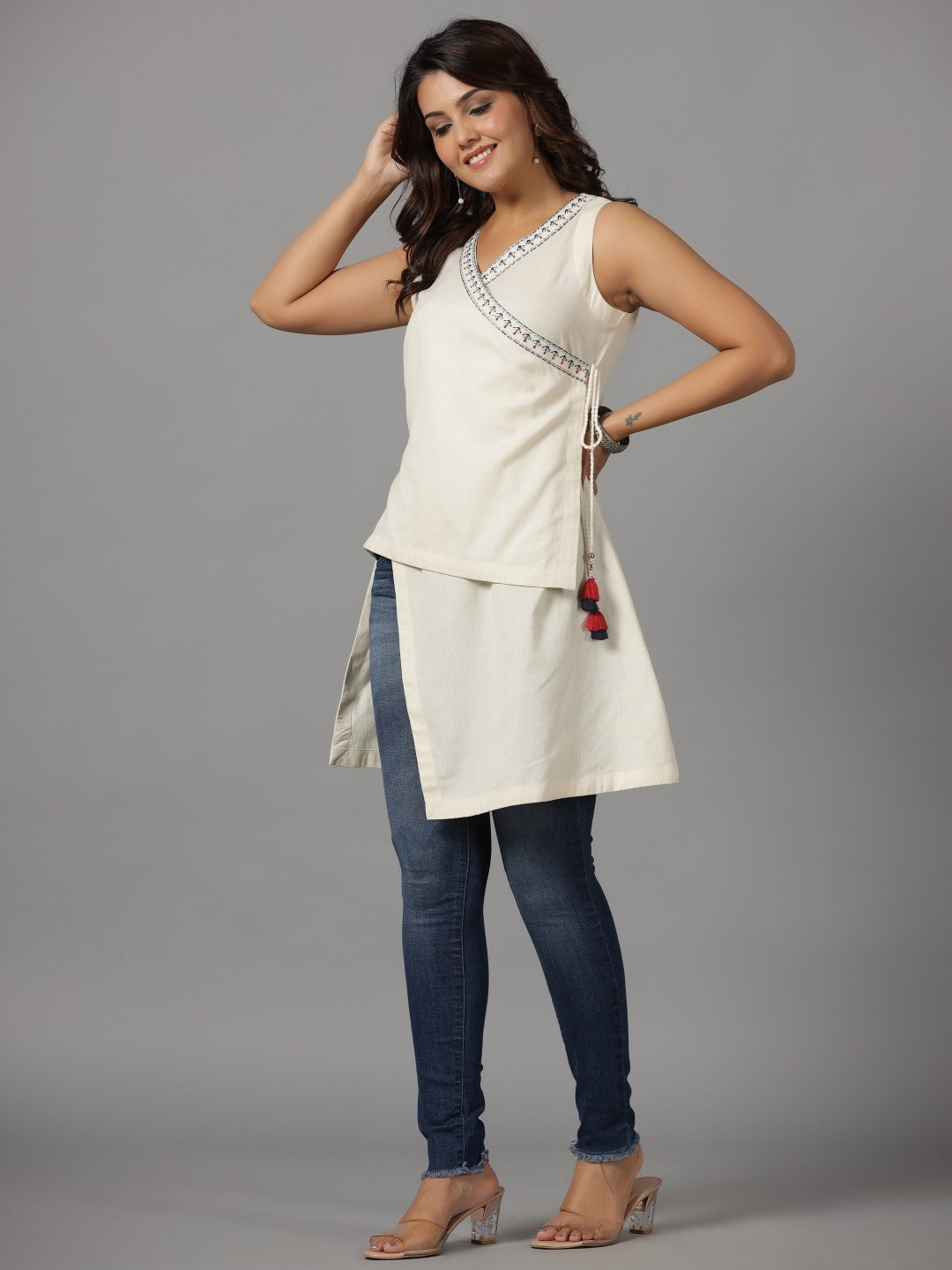 Juniper Off-White Solid With Embroidered Angrakha Cotton Flex Asymmetric Fusion Tunic With Side Tie-Ups